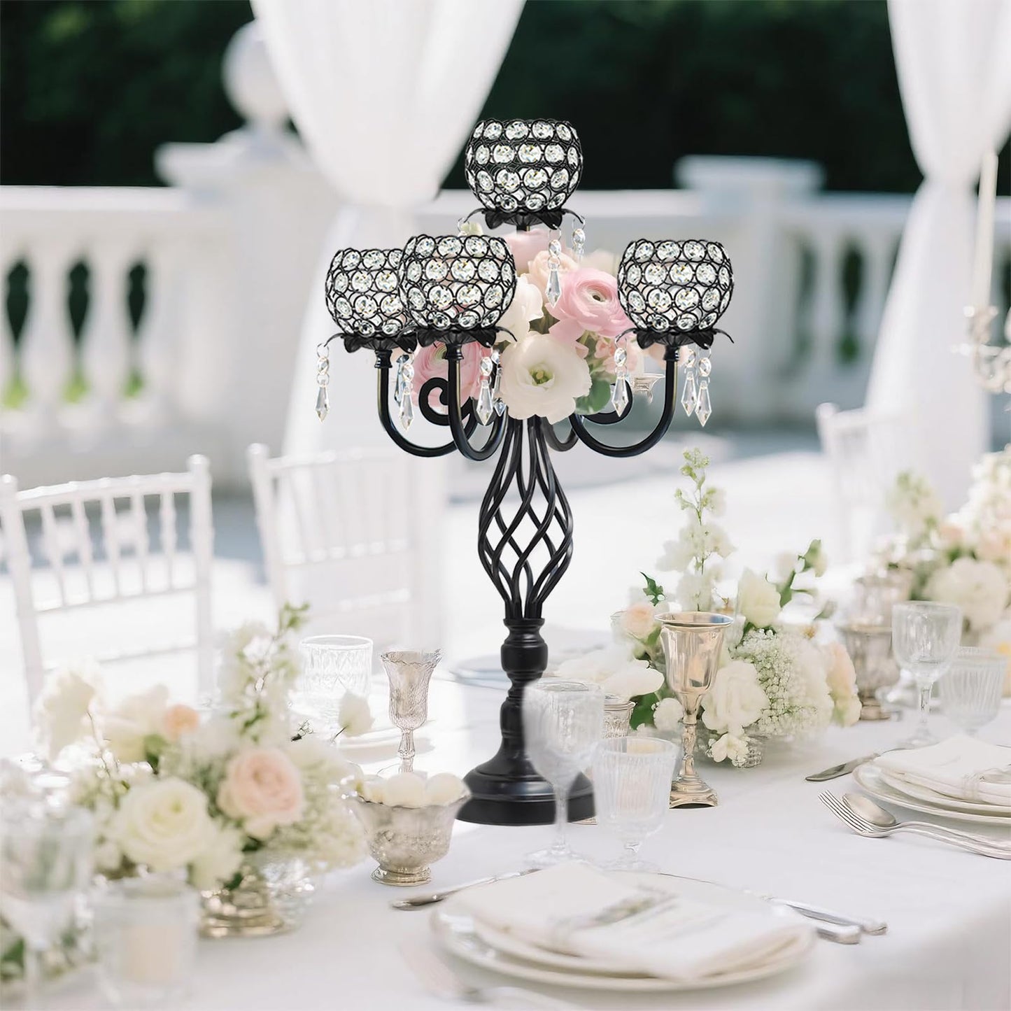 Kehail 5-Arm Crystal Candelabra Centerpiece 23.2" Tall - Elegant Candle Holder Stand with Crystal Bowl, Chic Table Decor for Weddings, Parties, Anniversary & Home Decoration (2, Black)