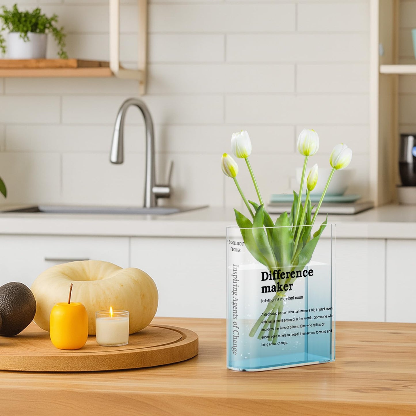 BuyCard Clear Acrylic Book Vase for Flowers, Transparent Book Flower Vase for Home Decor, Simplicity Bookshelf Decor, Unique Stuff for Book Lovers, Difference Maker, Gift to Motivate (Blue)