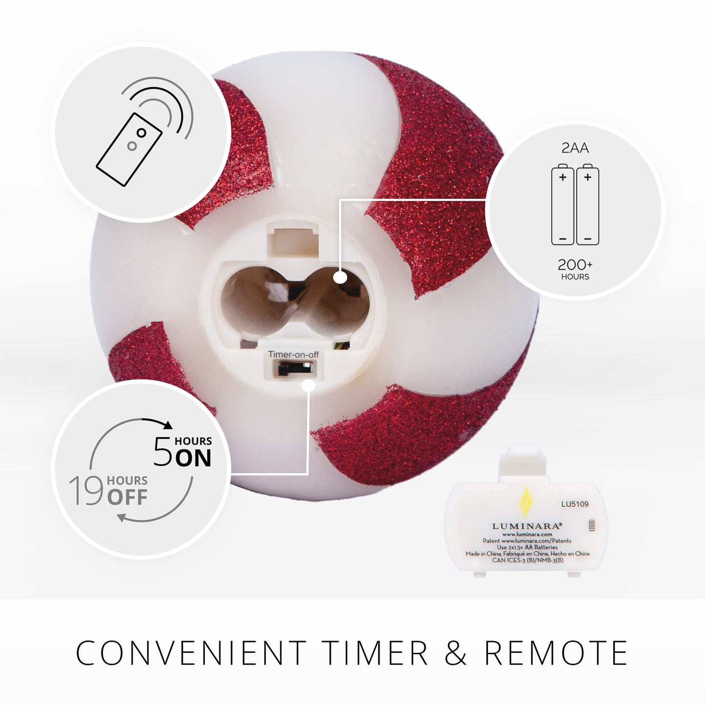 Luminara Classic Candy Cane Holiday Collection Flameless Candles, Real Wax LED Pillar, Taper and Sphere, Timer, Remote Ready