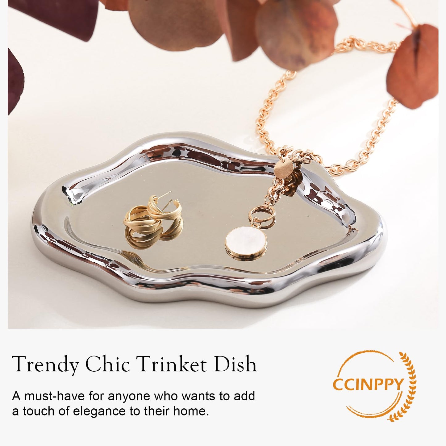 CCINPPY Ceramic Jewelry Tray Trinket Dish, Decorative Cloud Vanity Key Tray for Women, Ring Holder Dish, Cute Jewelry Plate Bowl Room Decor Aesthetic, Silver, Large