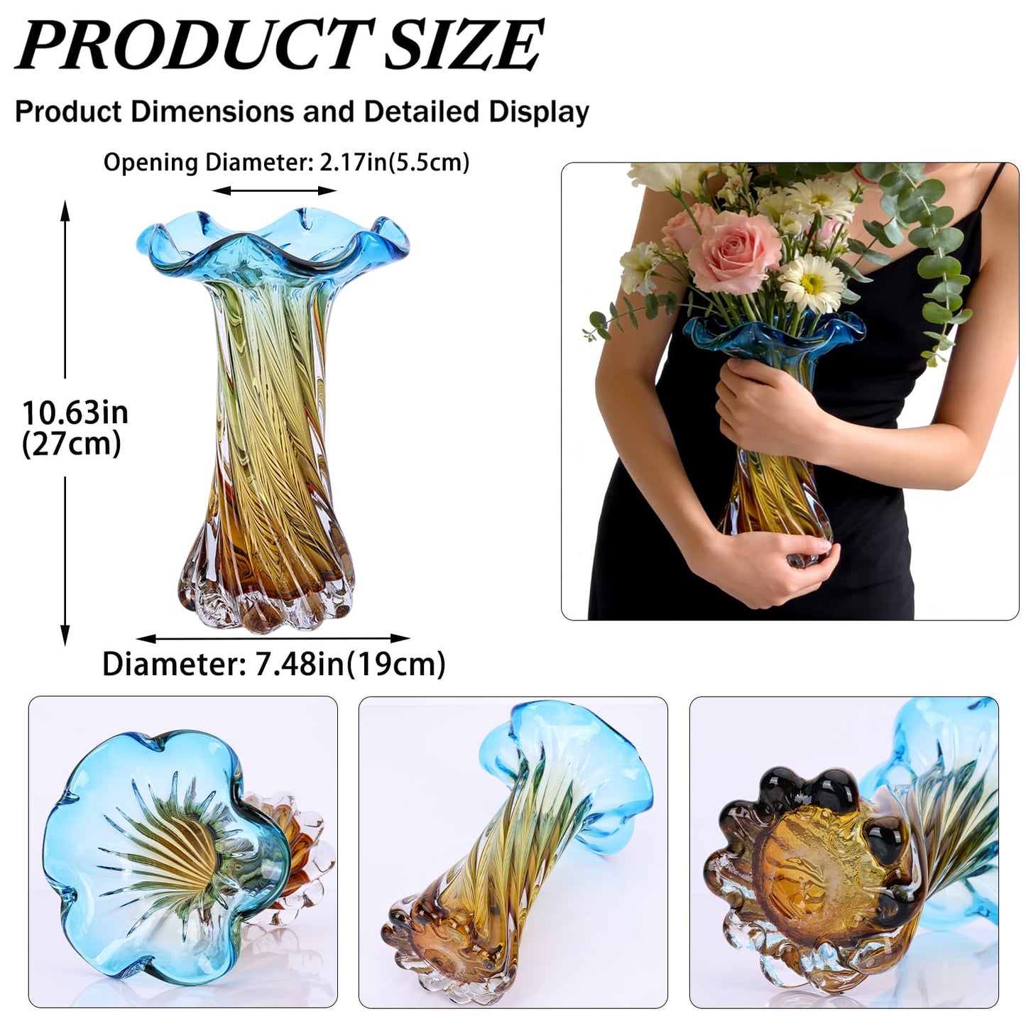Hand Blown Glass Vase with Flower-Shaped Rim, 10.63in Spiral Swirl Blue to Golden Gradient Vase for Home Centerpiece, Coffee Table, Living Room & Independence Day Decor (S)