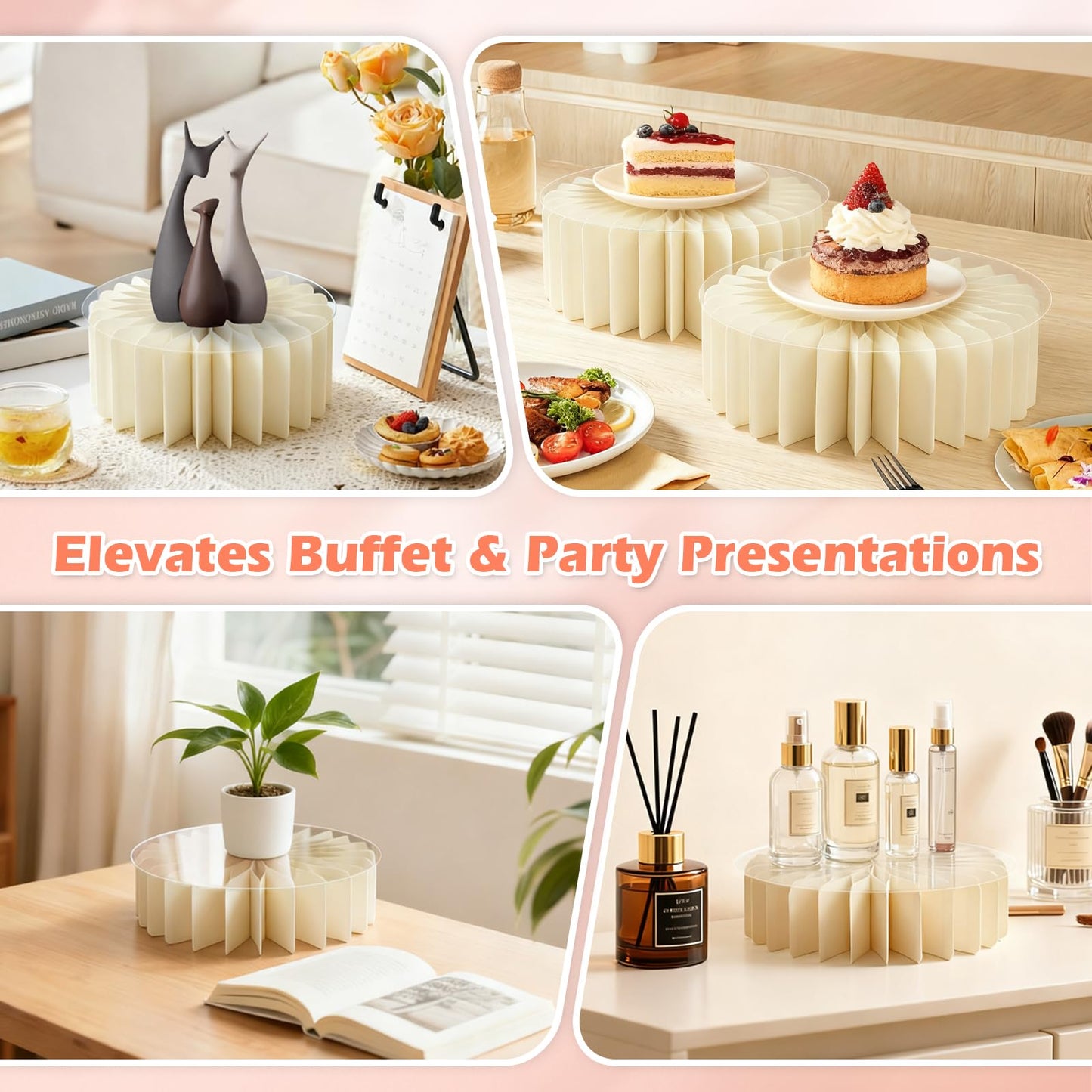 AHUAWA 4Pcs Buffet Risers, Foldable Food Risers for Buffet Table, 12" Reusable Cardboard Display Risers Cylinder Stands with Acrylic Plates for Party, Wedding, Catering & Birthday Decor