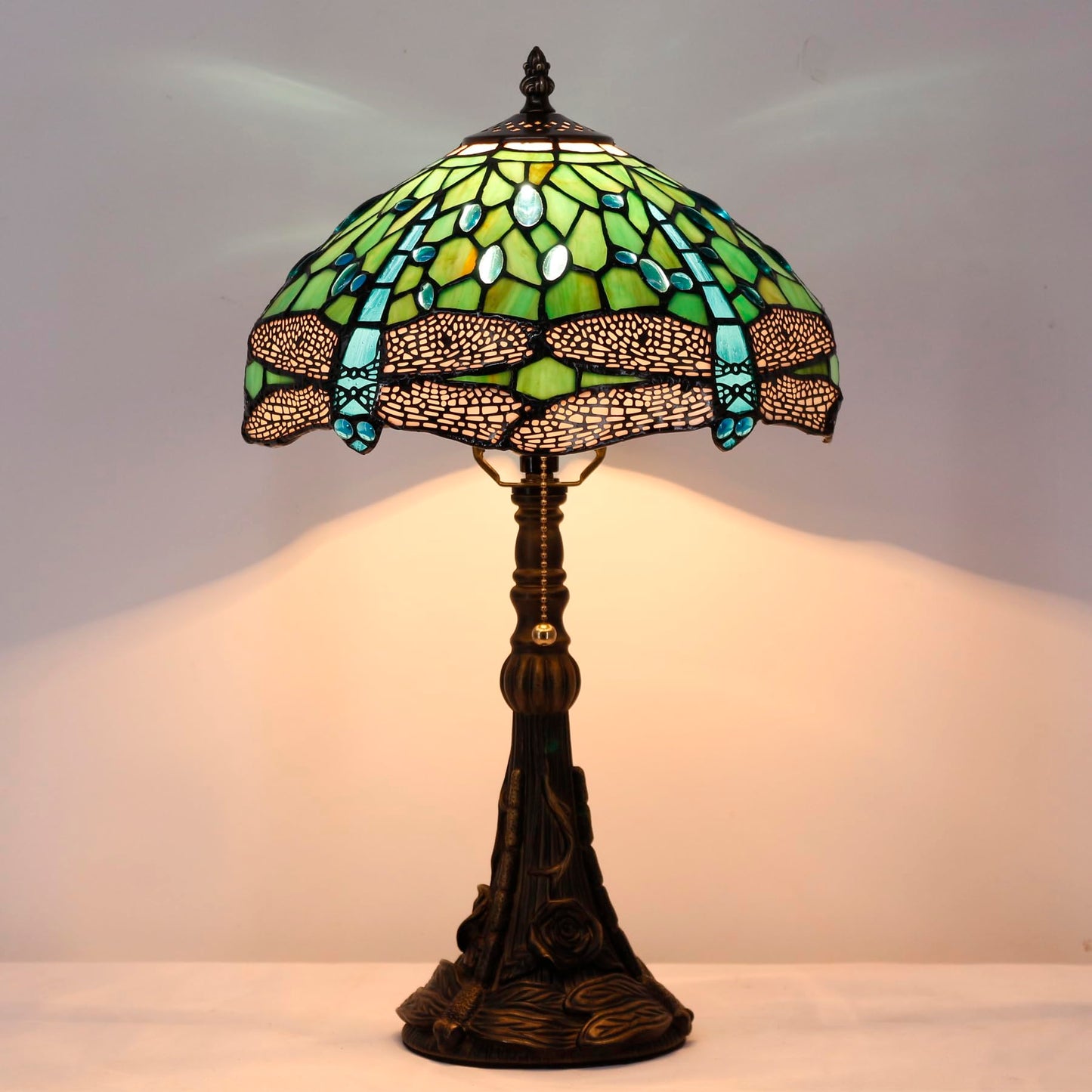 ANYONGLU Tiffany Lamp Stained Glass Table Lamp 12X12X19 Inch Resin Base for Desk Bedroom Living Room Reading Light (Green Dragonfly)