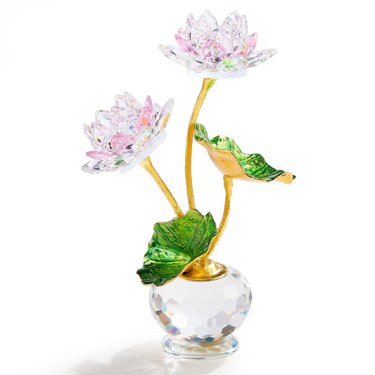 Qianwei Crystal Pink Lotus Flower with Stems - Glass Decor Lotus Flower with Vases Home Office Decoration - Crystal Gifts for Mom Girlfriend Sisters Boss on Birthday Mothers Day Valentines Day