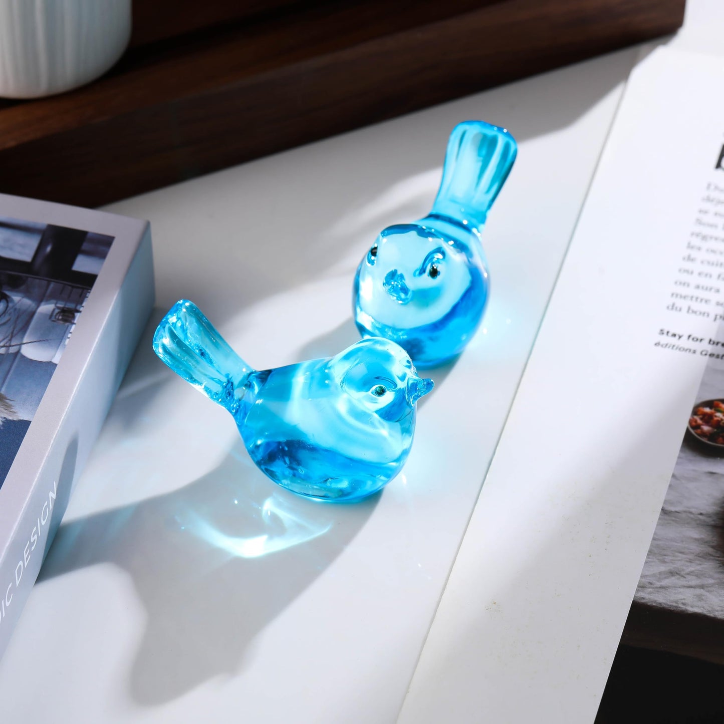 Qianwei 2pcs Blue Glass Birds Figurine Handmade Blown Crystal Home Decor
