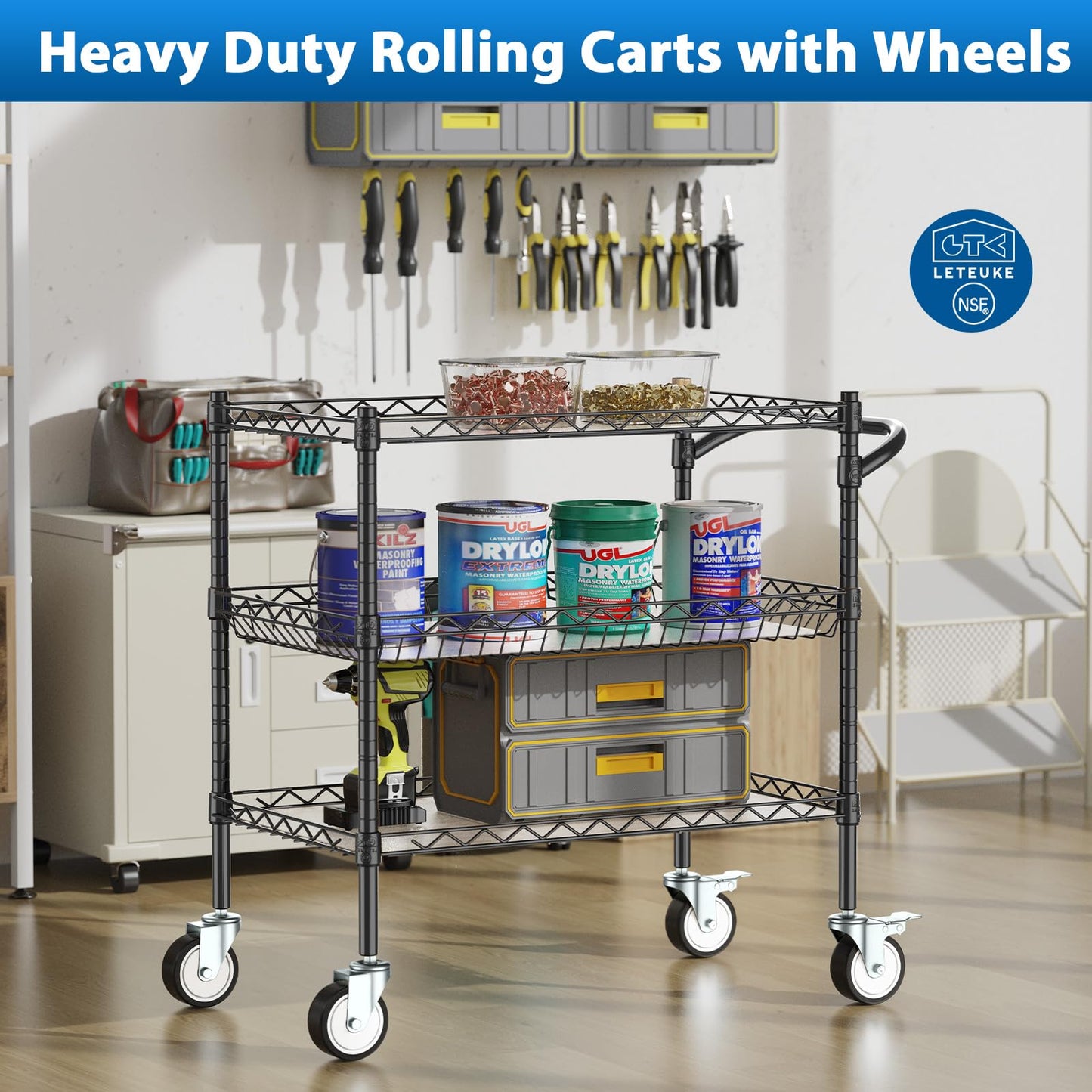 Leteuke 3 Tier Rolling Carts with Wheels, Heavy Duty Rolling Utility Cart,NSF Commercial Grade Metal Cart with Handle&Shelf Liner,Trolley Serving Cart for Kitchen,Restaurant,Plant Display,Black