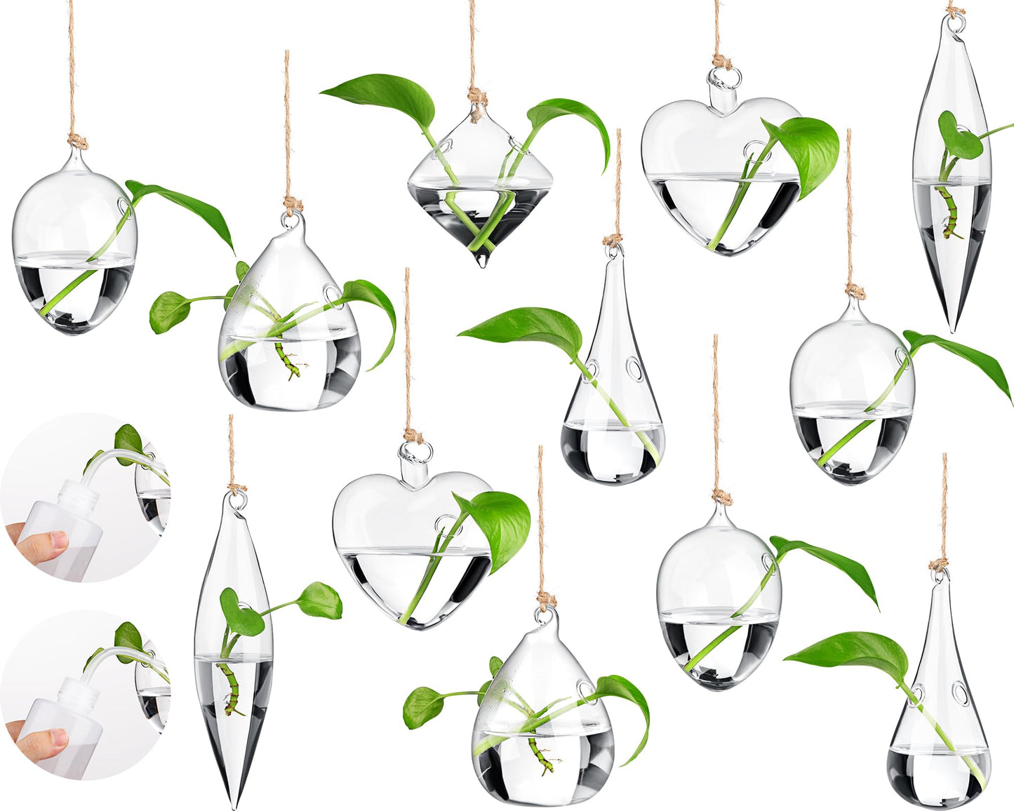 Zopeal 12 Set Wall Hanging Glass Planter Terrarium Propagation Station Vase Container Watering Squeeze Bottle with Rope and Hook for Hydroponic Plants Flower Home Decor Gifts (Classic Style)