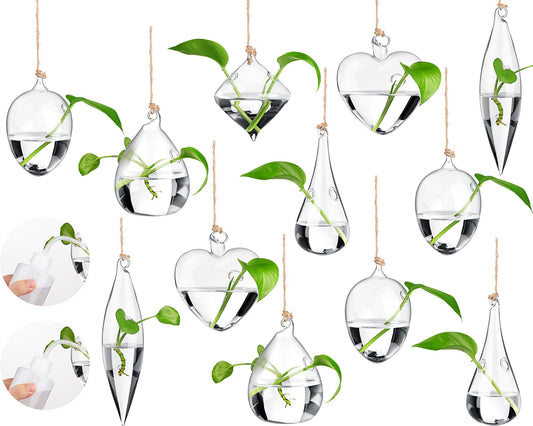 Zopeal 12 Set Wall Hanging Glass Planter Terrarium Propagation Station Vase Container Watering Squeeze Bottle with Rope and Hook for Hydroponic Plants Flower Home Decor Gifts (Classic Style)