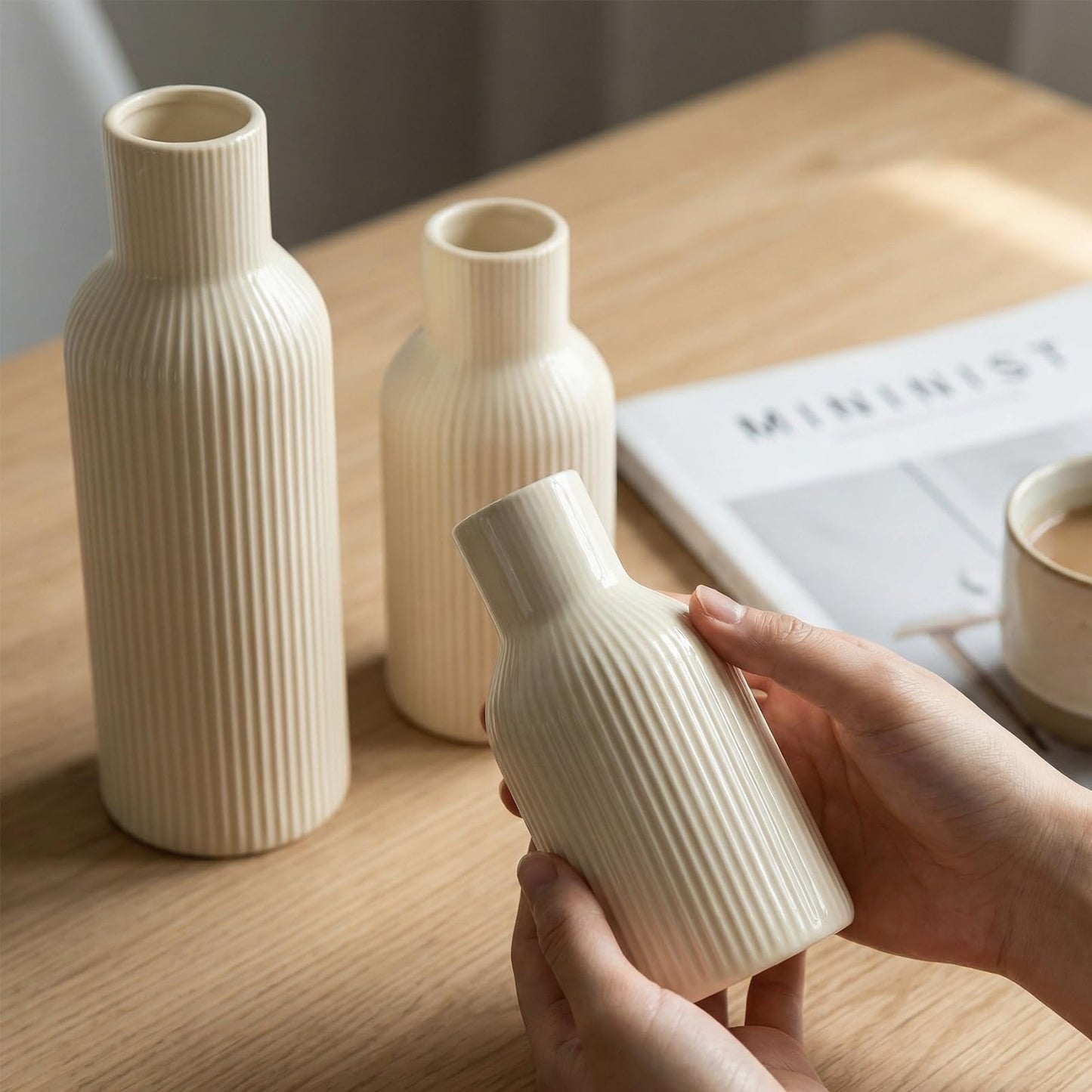 TrendEcoHome Beige Ceramic Flower Vases Set of 3, Modern Smooth Ribbed Texture, Nordic Minimalist Decor for Pampas, Dried & Fresh Flowers, Centerpiece for Living Room, Shelf, Entryway, Wedding