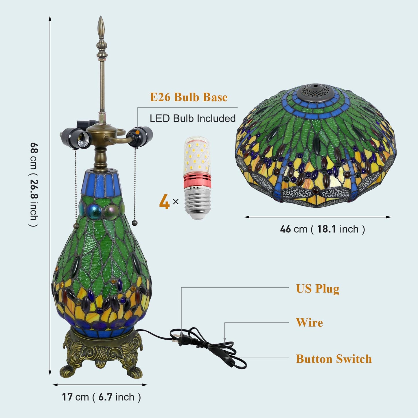 VirtueKing Tiffany Style Table Lamp Green Dragonfly Tiffany Lamp Handmade Stained Glass Lamp 18x18x27 Inches Desk Reading Light for Bedroom Living Room Home Office Decoration, LED Bulb Included