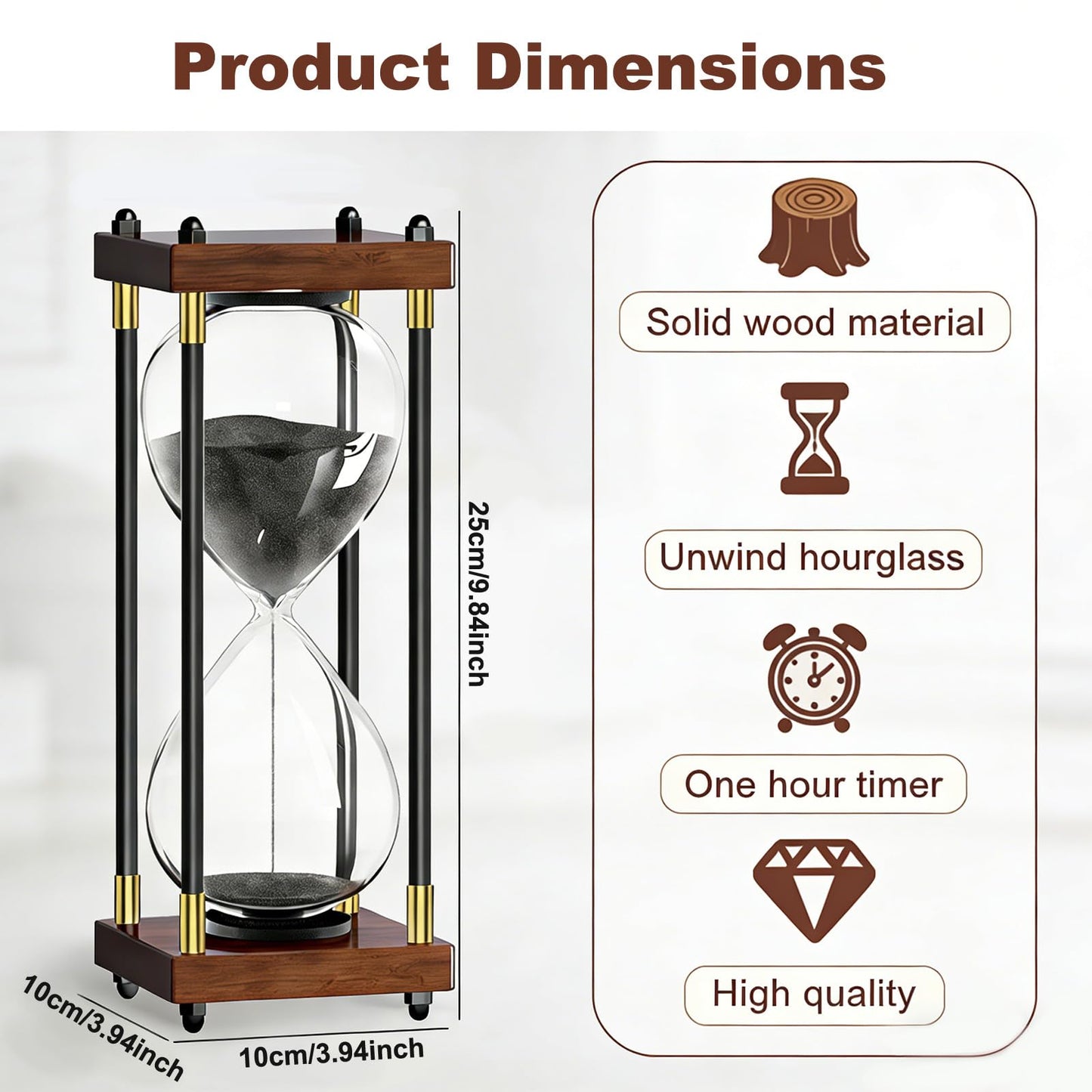 Large Hour Glass Sand Timer, 60 Minute Sand Clock with Wooden Frame, Hourglass Timer(Black)