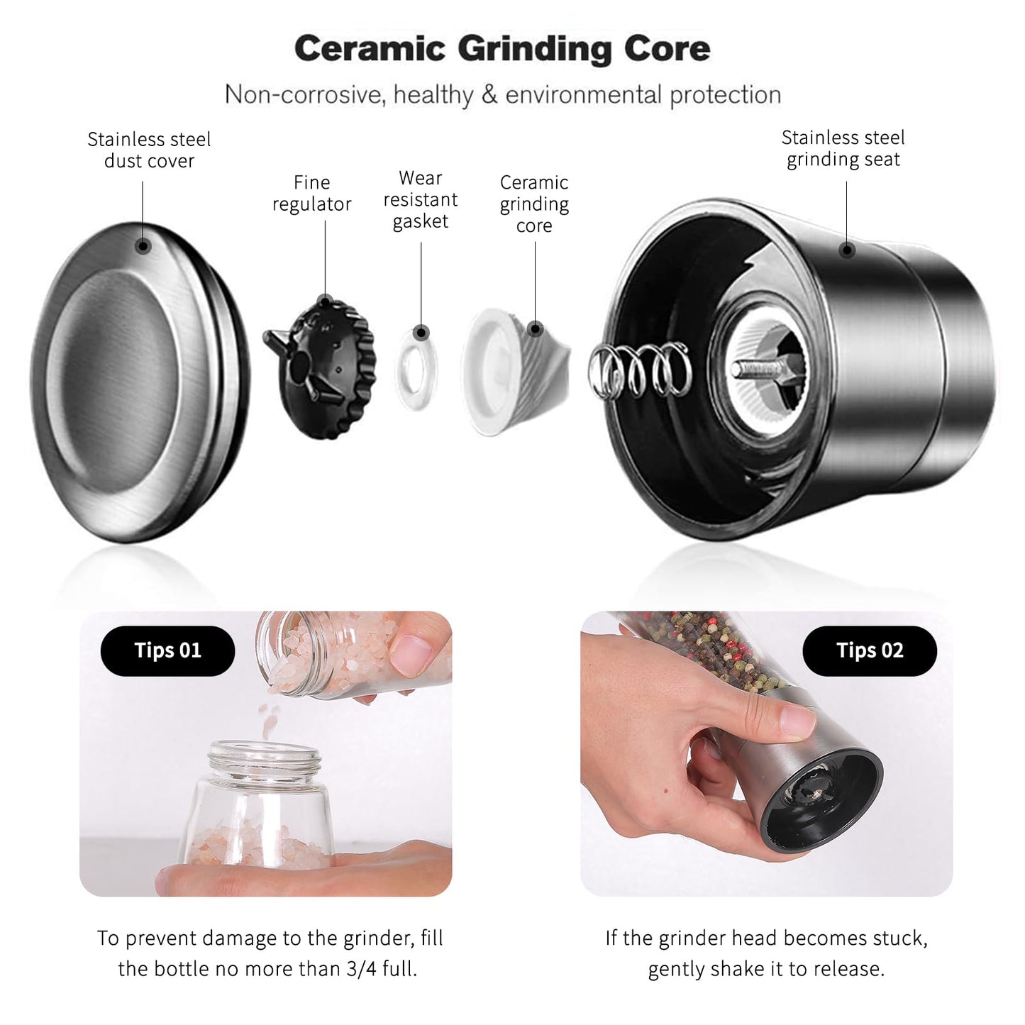 Bonris Stainless Steel Salt and Pepper Grinder Set of 2 - Round Design, Manual Operation, 5-Grade Adjustable Ceramic Coarseness for All Spices