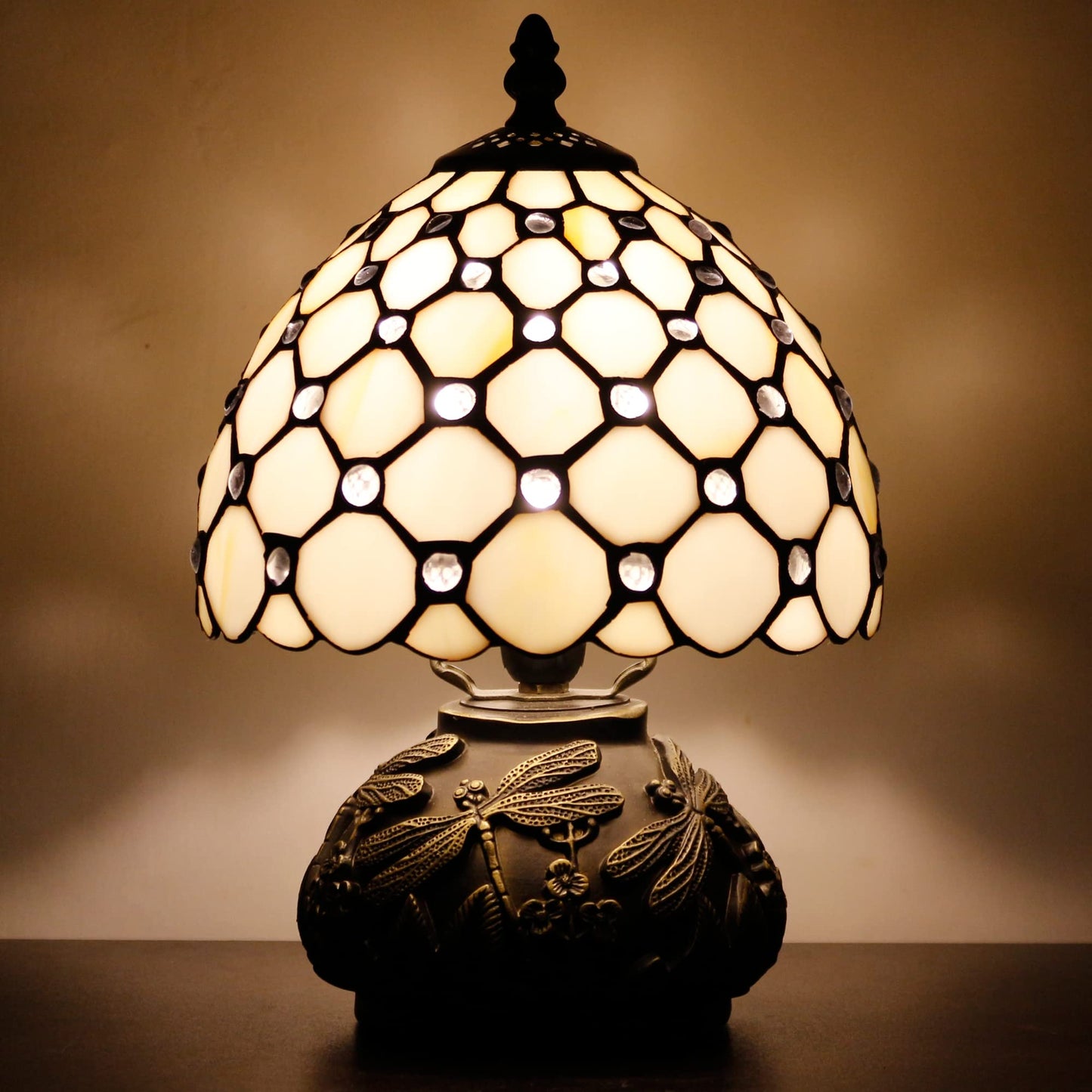 SYETL Small Tiffany Lamp Mini Stained Glass Table Lamp Cream Pearl Beads Style Mushroom Desk Light Memory Sympathy Lamp 8X11 Inch