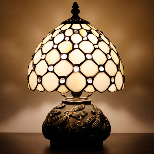 SYETL Small Tiffany Lamp Mini Stained Glass Table Lamp Cream Pearl Beads Style Mushroom Desk Light Memory Sympathy Lamp 8X11 Inch