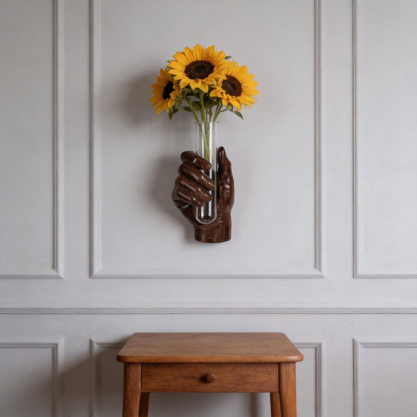 Hand Wall Sculpture with Vase – Unique Resin Art, Wall-Mounted Flower Vase, Modern Decor for Living Room, Office, Apartments, Stylish Home, Elegant Interior, Contemporary Decoration (Wood)