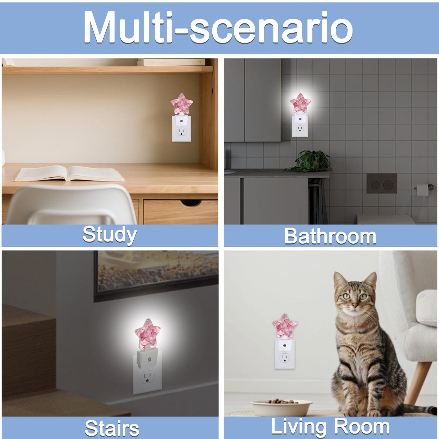 Pink Mermaid Night Light,Fish Scales Marble Plug-in Star Night Lights with Dusk-to-Dawn Sensor for Bedroom,Bathroom,Living Room Sleep Friendly Lamp for Women Girls Boys Gift,0.5W