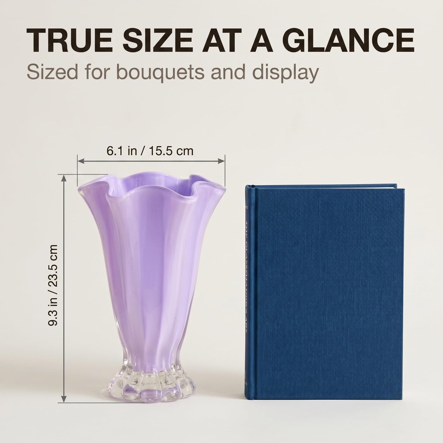 Ruffled Vase Display with Wavy Rim, Hand Blown Glass Vase for Flowers, Blown Glass Decor Centerpiece with Ribbed Panels for Tabletop Shelf Mantel Home Decor (Purple)