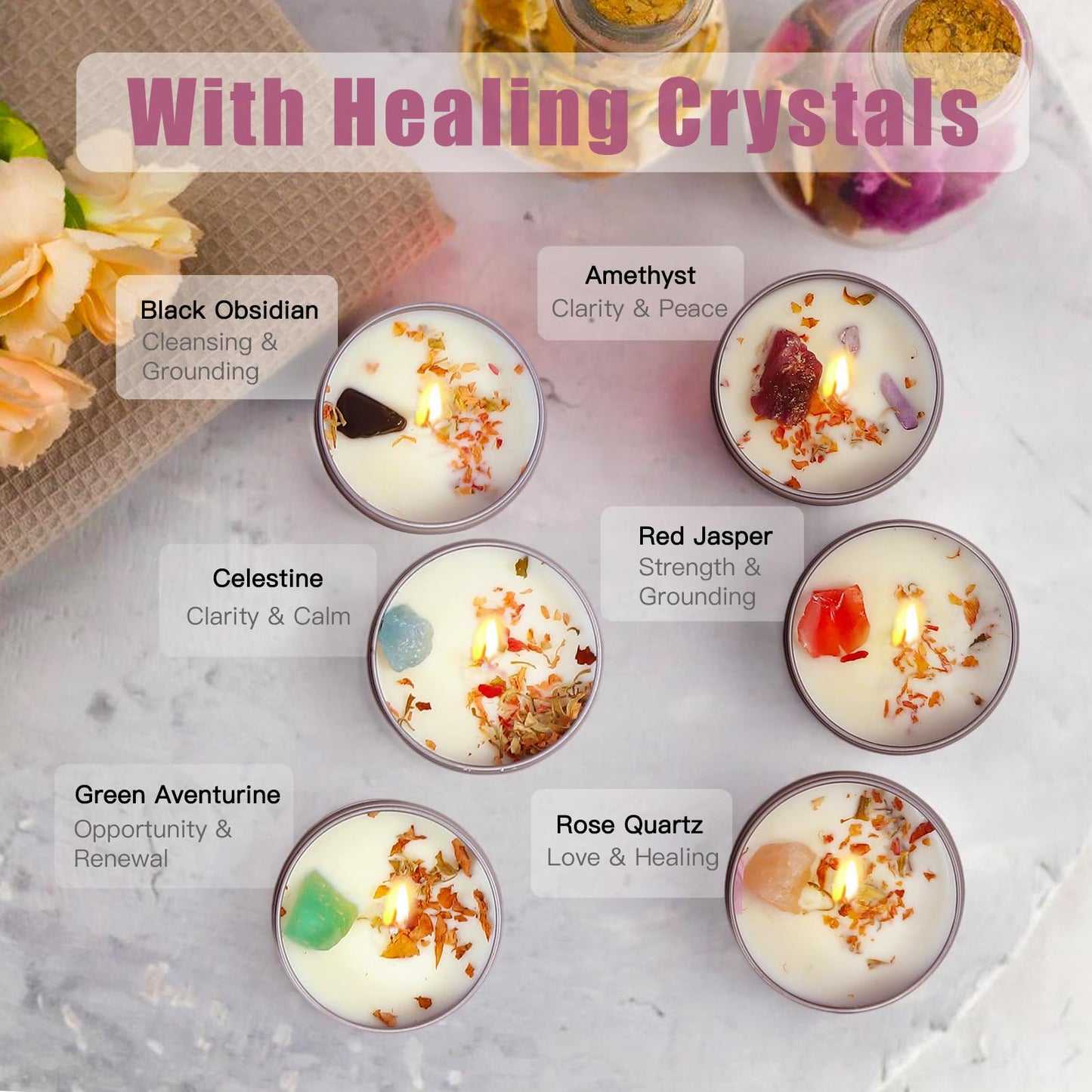 SereLune Chakra Crystals Candle, 3 Scented Soy Candles with Crystals, Spiritual Gifts for Women, Birthday Gift, Aromatherapy Chakra Candle with Healing Stones, Healing Candles (Heartfelt Balance Set)