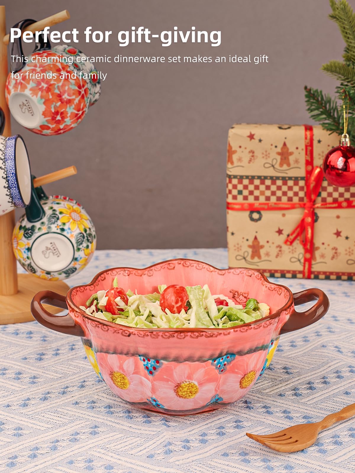 silesia Handmade Salad Bowls with Handles, 45 oz Hand-Painted Serving Bowl, Large Ceramic Crocks for Soup, Pasta, Stew, Microwave & Dishwasher Safe, Kitchen Decor Gift (Glazed Pink)