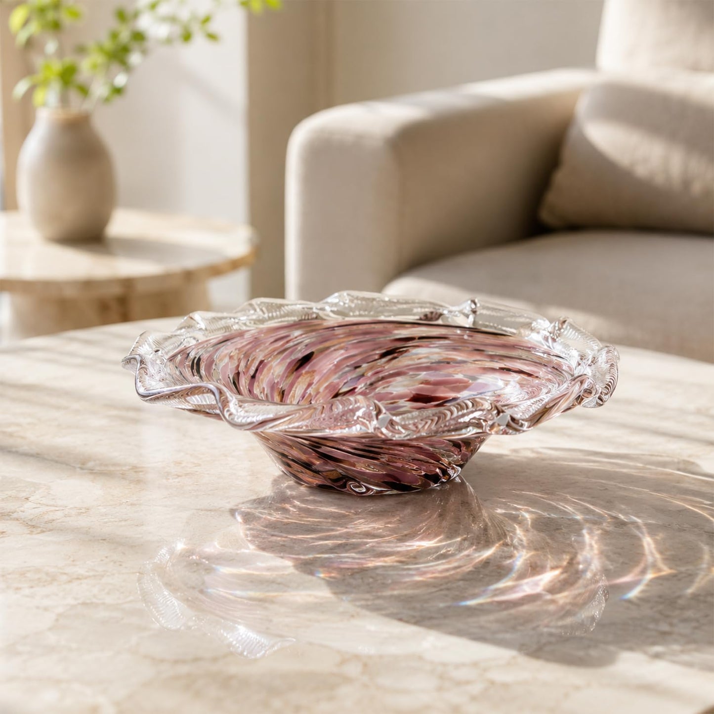 Large Hand Blown Glass Bowl, Ocean Wave Ruffled Rim Decorative Fruit Bowl, Swirled Blown Glass Centerpiece Bowl Glass, Blown Glass Art for Kitchen Counter Fruit Display or Office Candy Bowl (Pink)