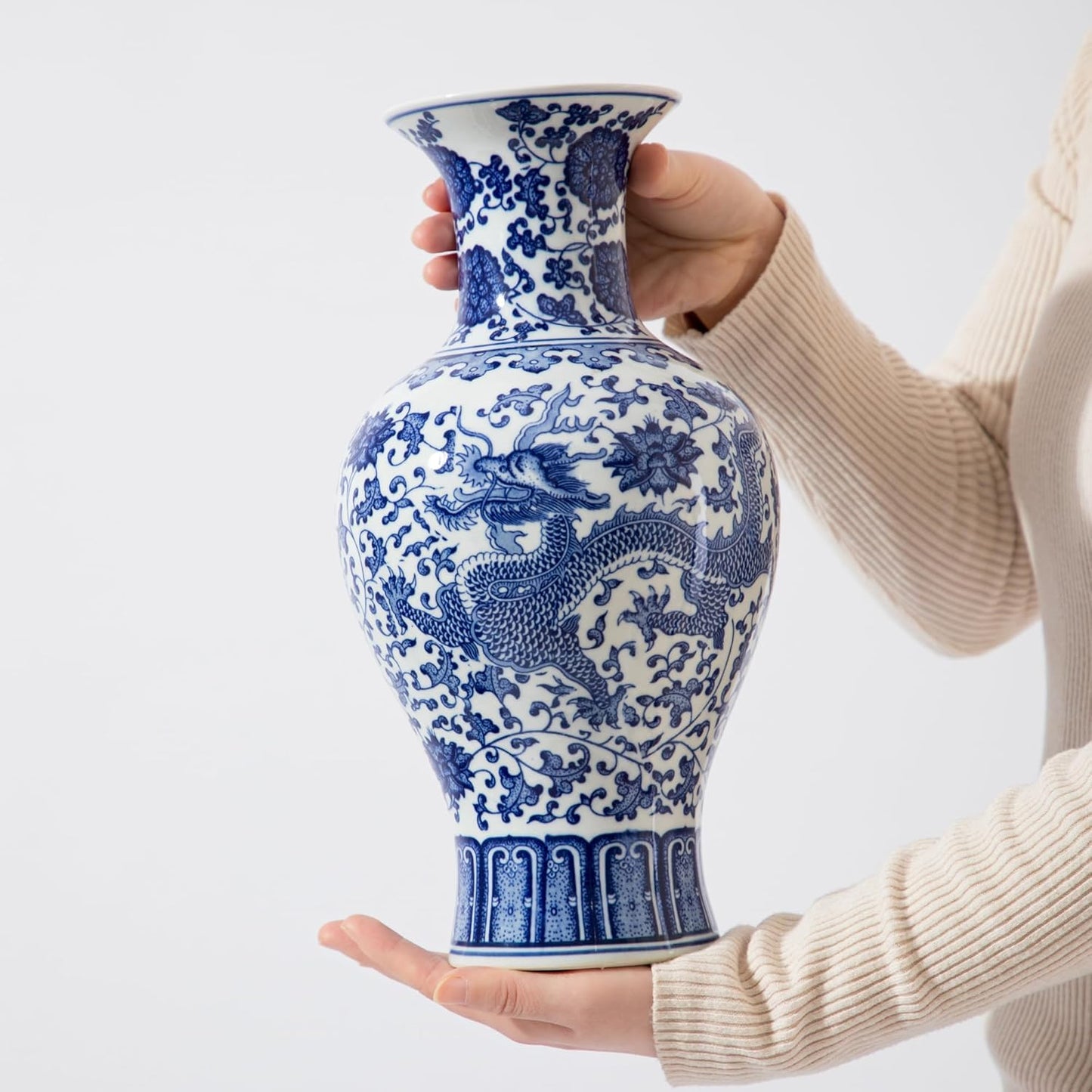 SILINE 12.4” Classic Blue and White Porcelain Vase, Art Decor Big Vase,China Jingdezhen Handmade Ceramic Flower Bottle -YuweiPing