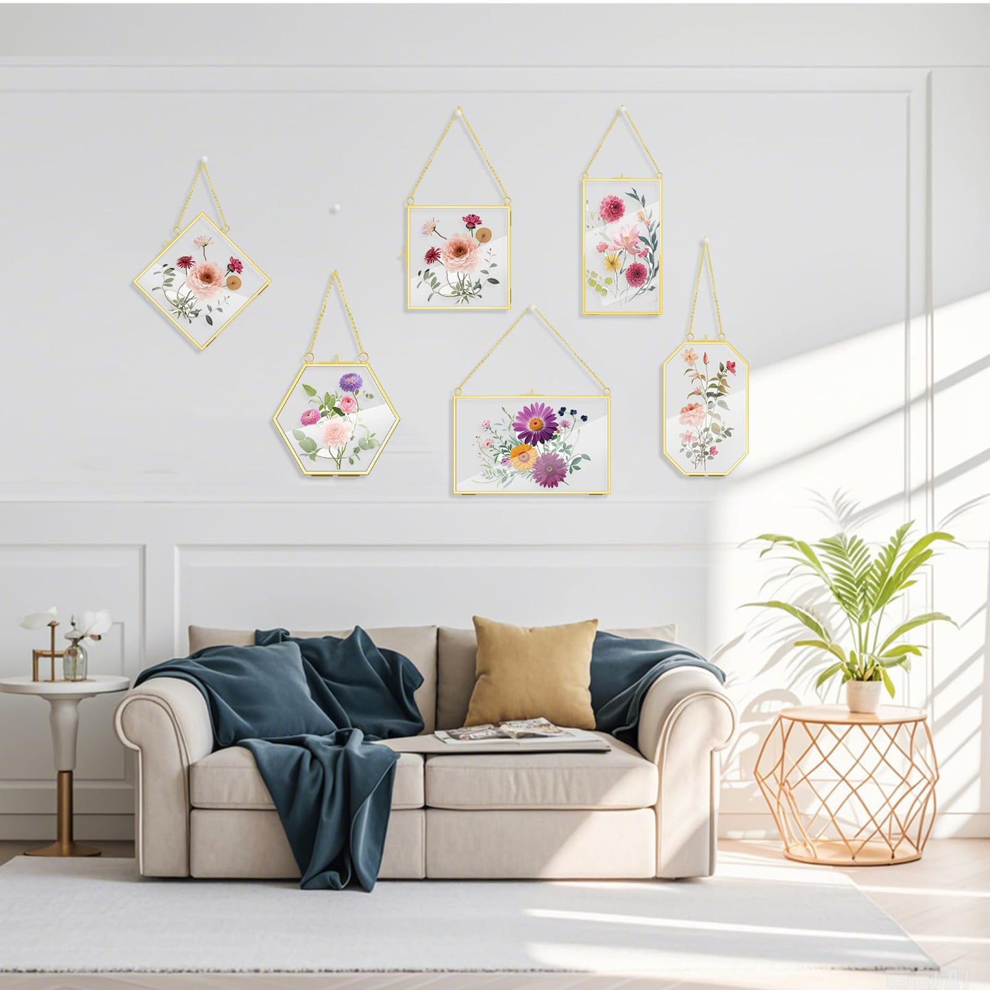OINETRK 12 Pcs Brass Glass Frame for Pressed Flowers with Chain Clear Double Glass Floating Artwork Display Frame for Photo Gifts Wall Decor with Dried Plant Leaf, 6 Shapes