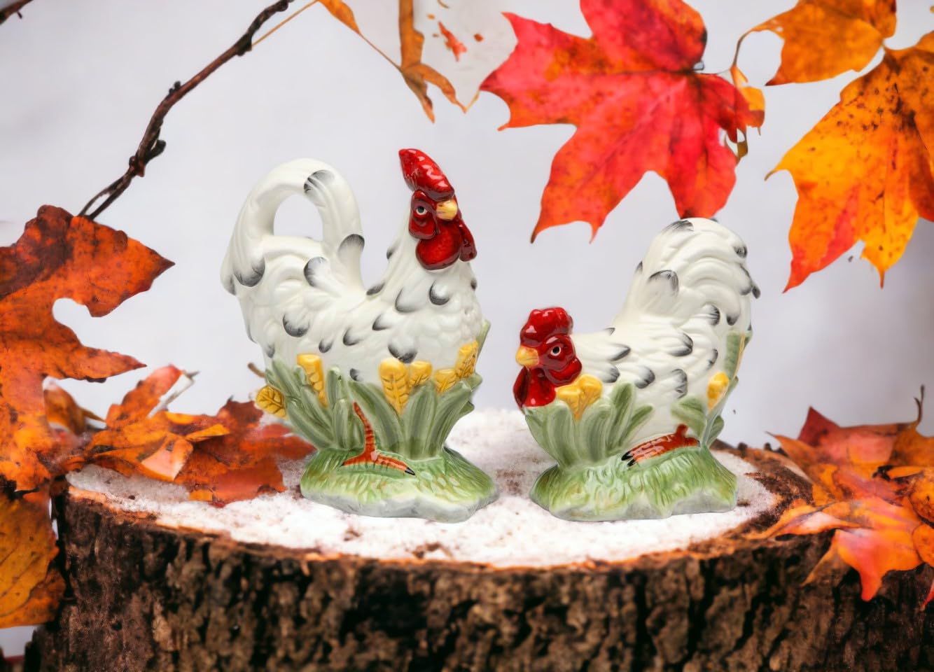 Fine Ceramic Rooster Hen in White and Black Accents Design Salt & Pepper Shakers Set, 5" H