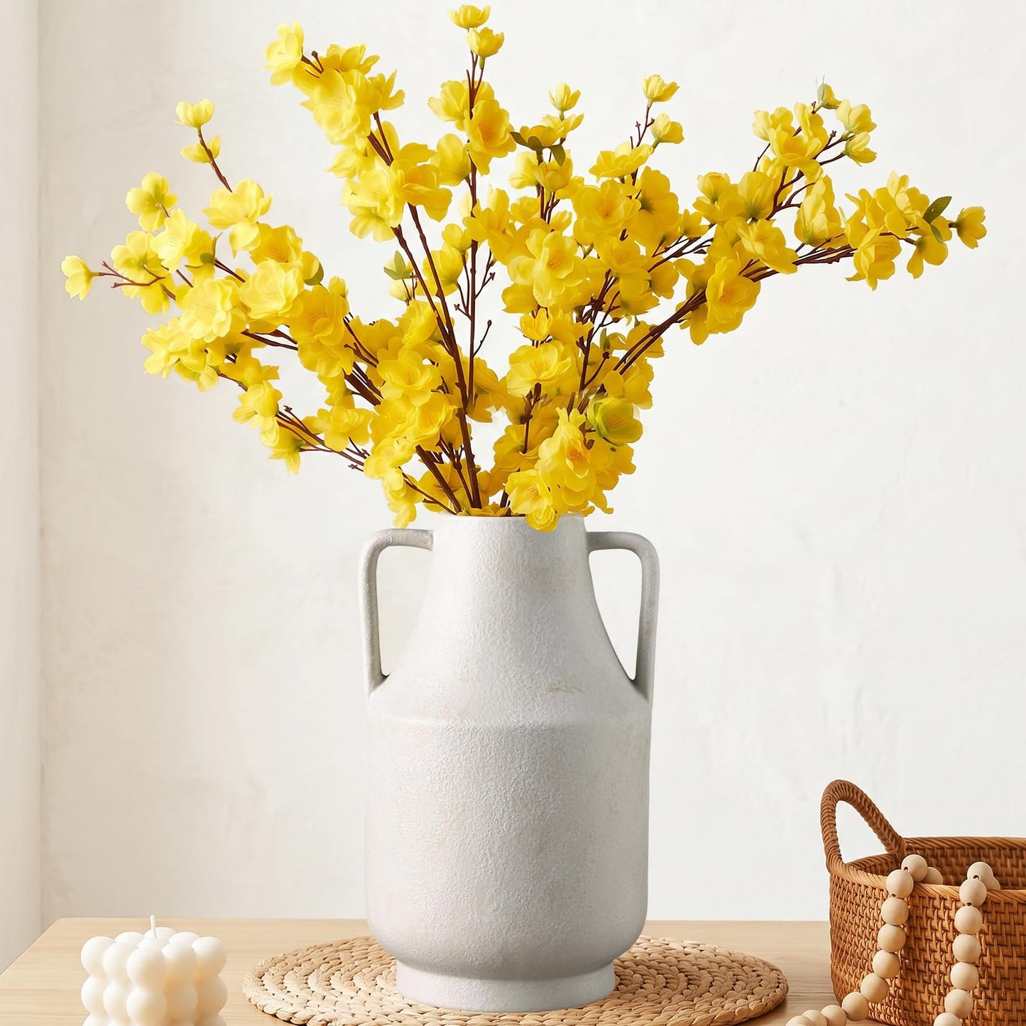 Ceramic Flower Vase with Handles, 11in Large Farmhouse Table Terracotta Vases, Waterproof Flower Pottery Vases for Home Decor, Living Room,Table, Handcrafted (Off-White)