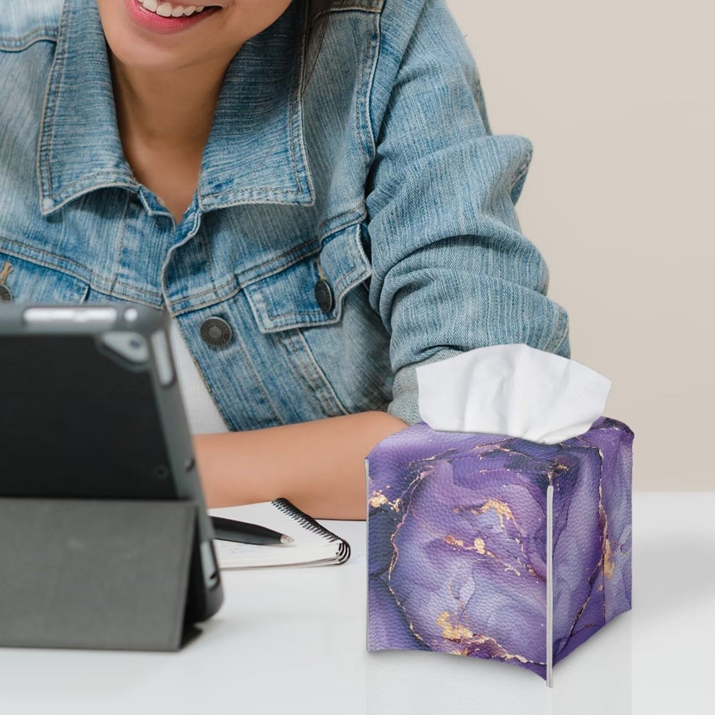 Xsehusvy Marble Purple Tissue Box Cover PU Leather Cube Tissue Holder with Bottom Belt Waterproof Square Facial Tissue Boxes Decorative Organizer for Bathroom Vanity