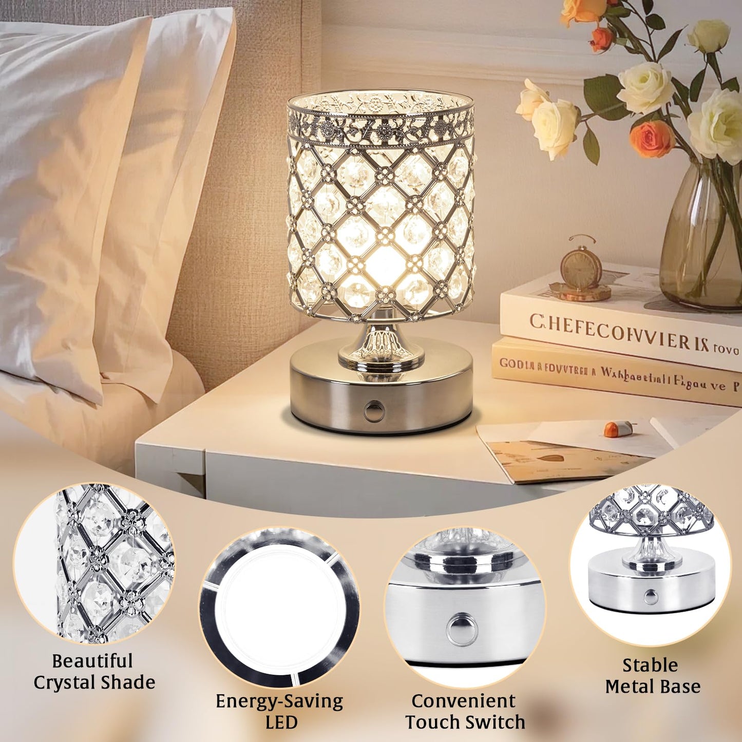 TOBUSA 6000mAh Crystal Battery Operated Lamp, Silver Modern Cordless Table Lamp Rechargeable, Portable Bedside Touch Small Desk Lamp 3000K-4500K-6000K, Stepless Dimmable Wireless LED Night Light