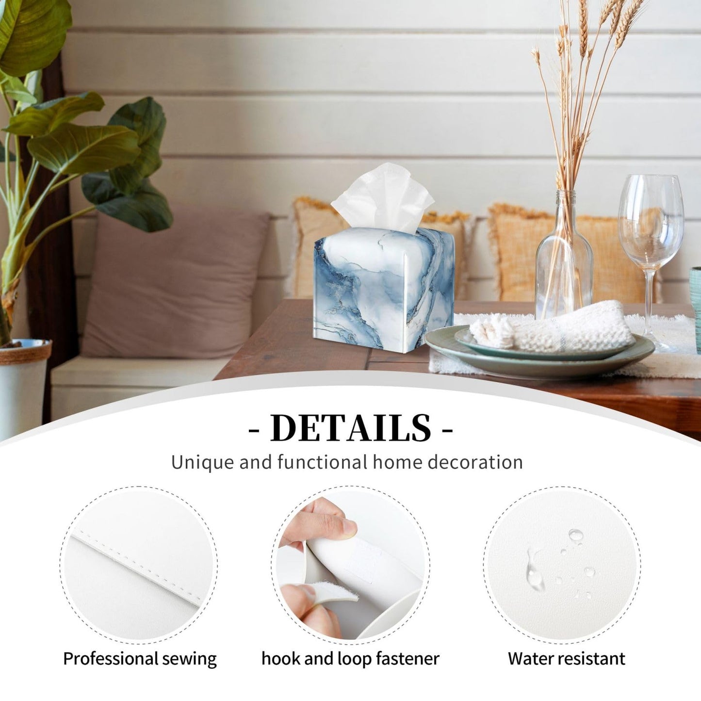 Blue Marble Tissue Box Cover Modern Square Leather Tissue Holder Decorative Facial Tissue Cube Paper Cover Case Organizer for Bathroom Night Stands Desk Tabletop Living Room Home
