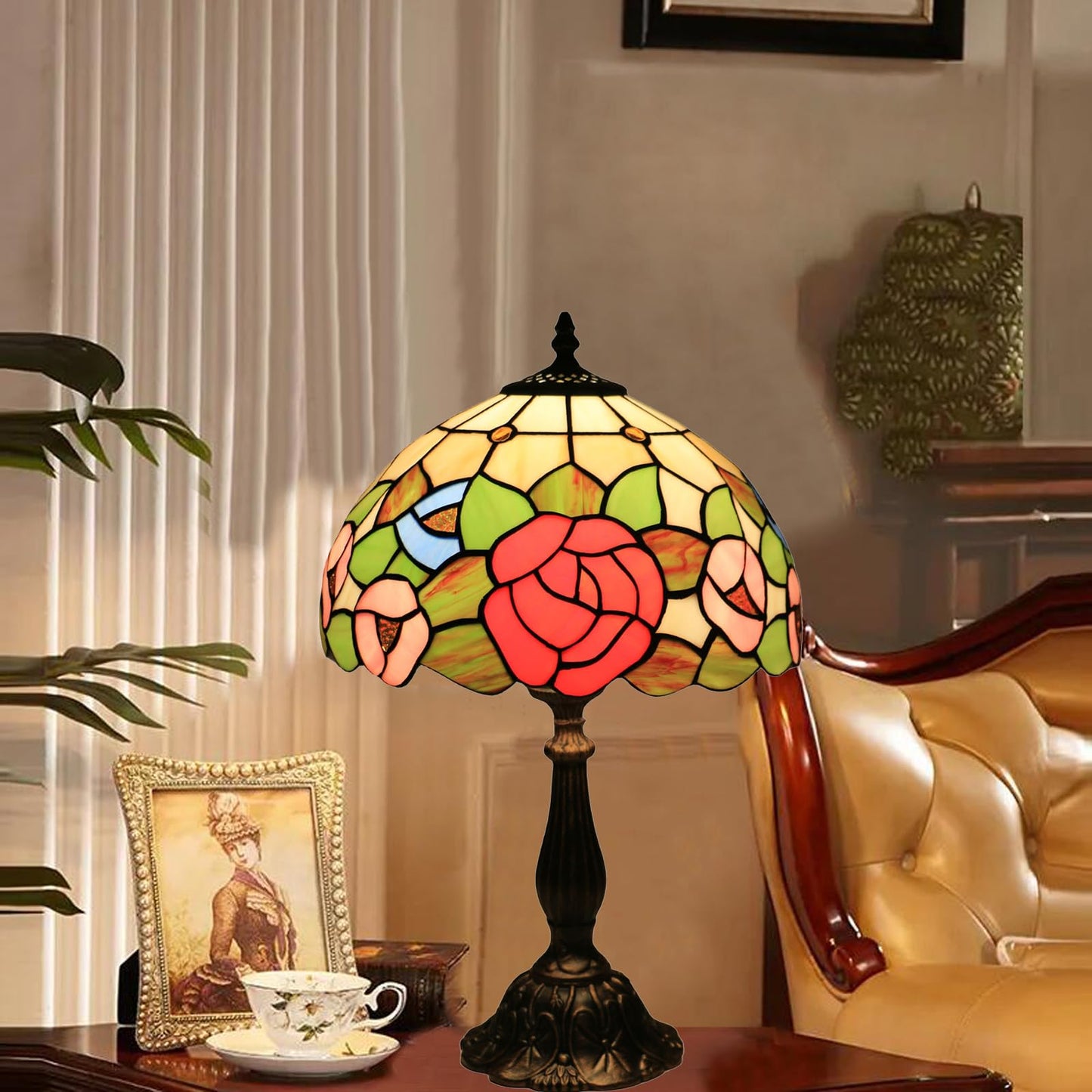 tuomoxte Tiffany Style Table Lamp, Stained Glass Bedside Lamp, Handmade Antique Desk Lamp, Red Rose Pattern, for Living Room Bedroom Home Office, Height 19 Inch, Width 12 Inch, Include LED Bulb