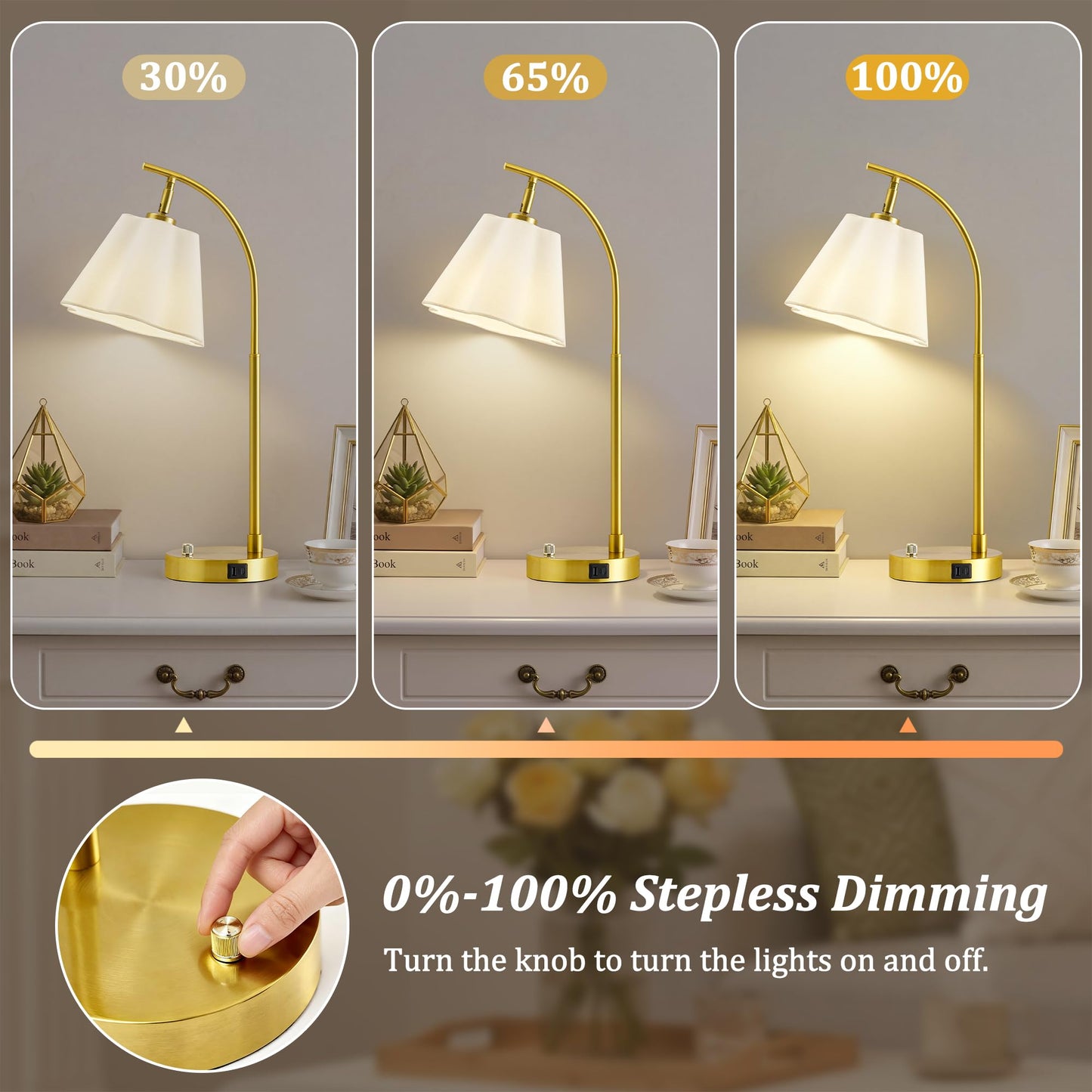 Gold Table Lamp Set of 2, Bedside Table Lamp with USB C+A Ports, Stepless Dimmable Nightstand Lamp, Small Cute Bedroom Lamps, Flower Lamp for Bedroom, Living Room, Home Office(Bulbs Included, Gold)