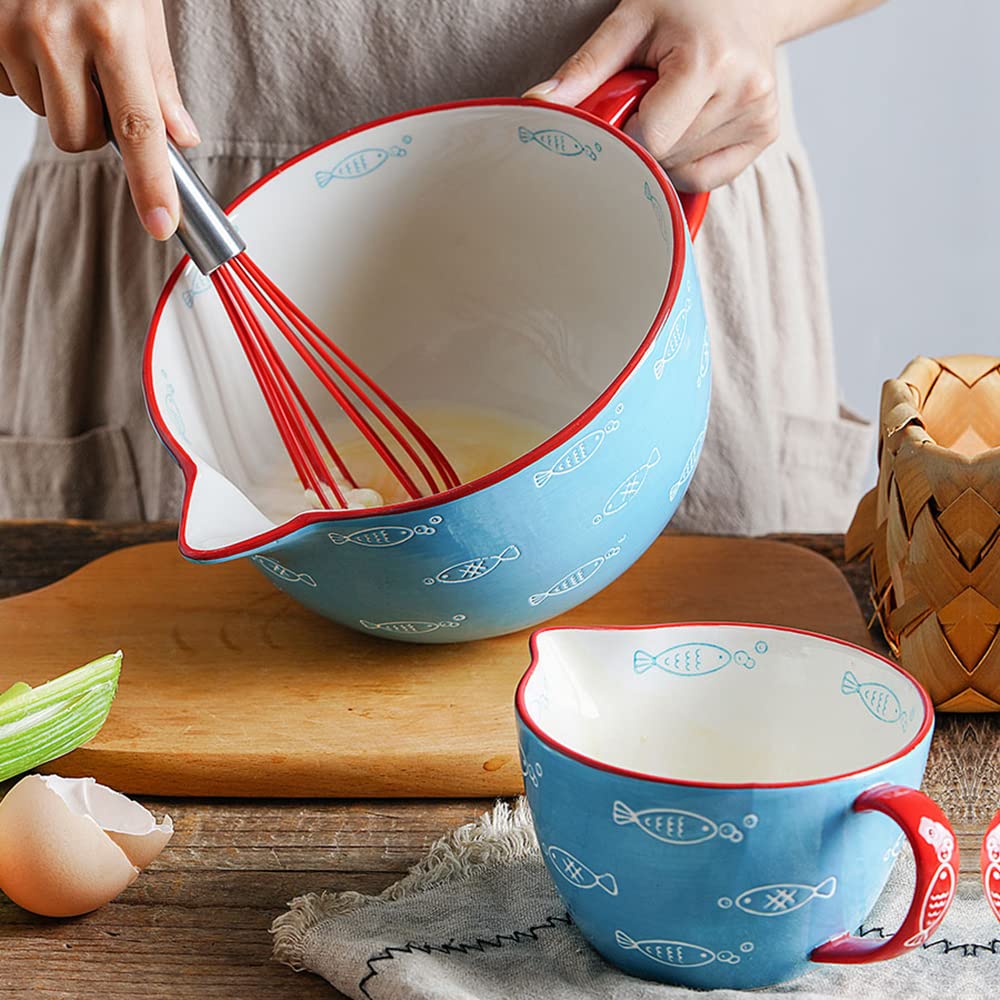 Gaolinci Blue Fish Pattern Kitchen Ceramic Mixing Bowl, 1 Quart Large Bowl, with Pouring Spout and Handle