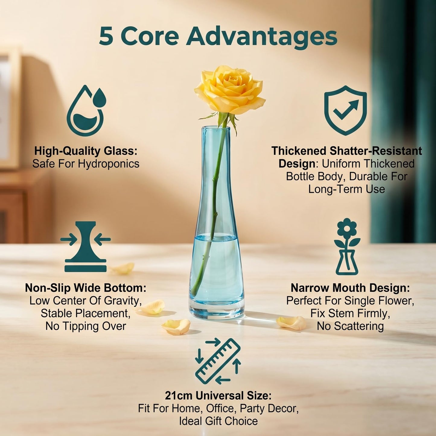 8.3inch Blue Hand-Made Blown Glass Bud Single Stem Vase Small Flower Vase Centerpiece for Wedding Party Home and Office Décor