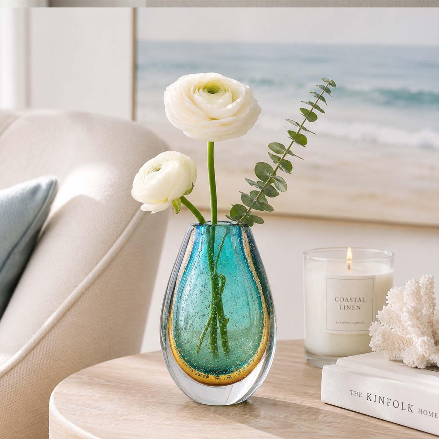 Decorative Glass Flower Vases Blown Vase for Home Decor Living Room Dining Room Shelf Mantel Tabletop Centerpiece Modern Art Deco Style Unique (Green)