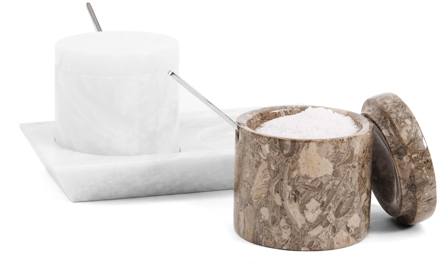 Radicaln Marble Salt Cellar with Lid and Tray 3" Inch Oceanic and White Handmade Salt Dish For Kitchen Countertop, Ideal Set of 2 Seasoning Jars & Table Salt Container For Table
