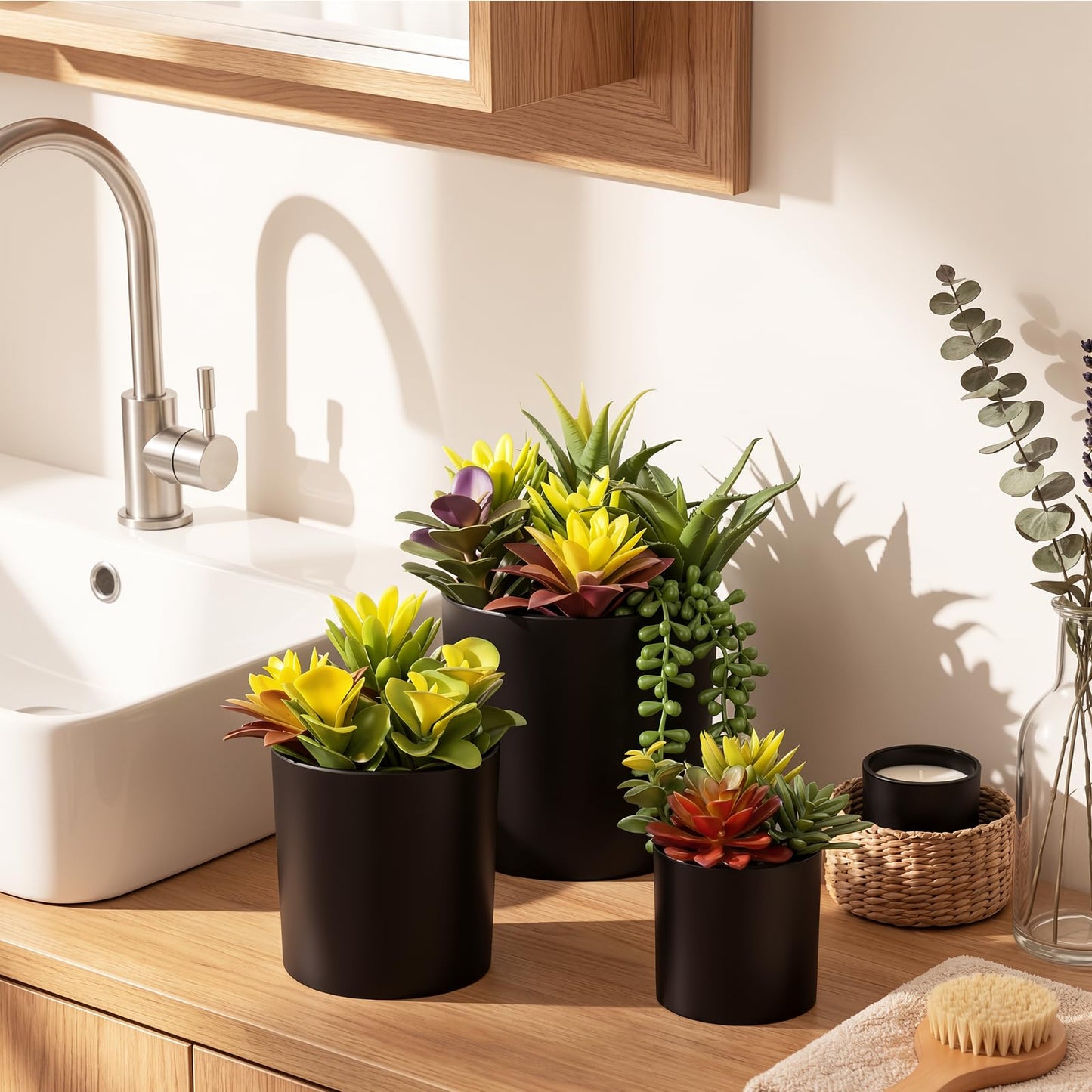 LeafVerse Artificial Succulents 3 Pack - UV Resistant Faux Plants with Pots for Indoor Outdoor Decor - Lifelike Small Fake Potted Plants for Home Office Desk Bathroom Bedroom Shelf Aesthetic