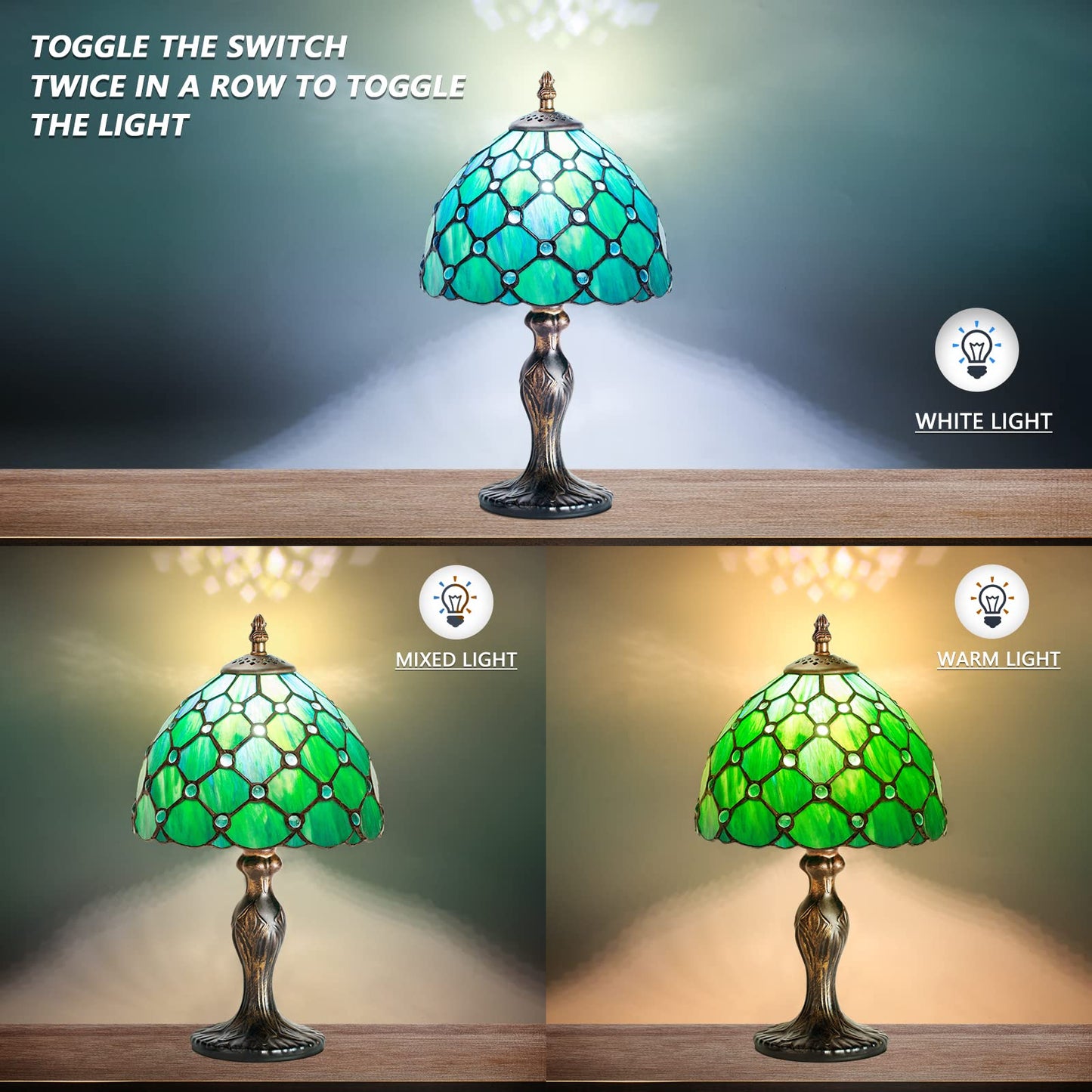 MIAOKE Stained Glass Table Lamp,Stained Glass Crystal Bead Style Table Light, Handmade Desk Bedside Night Light, Antique Art Craft Gifts Lover Living Room Bedroom Bookcase (Green Pearl)