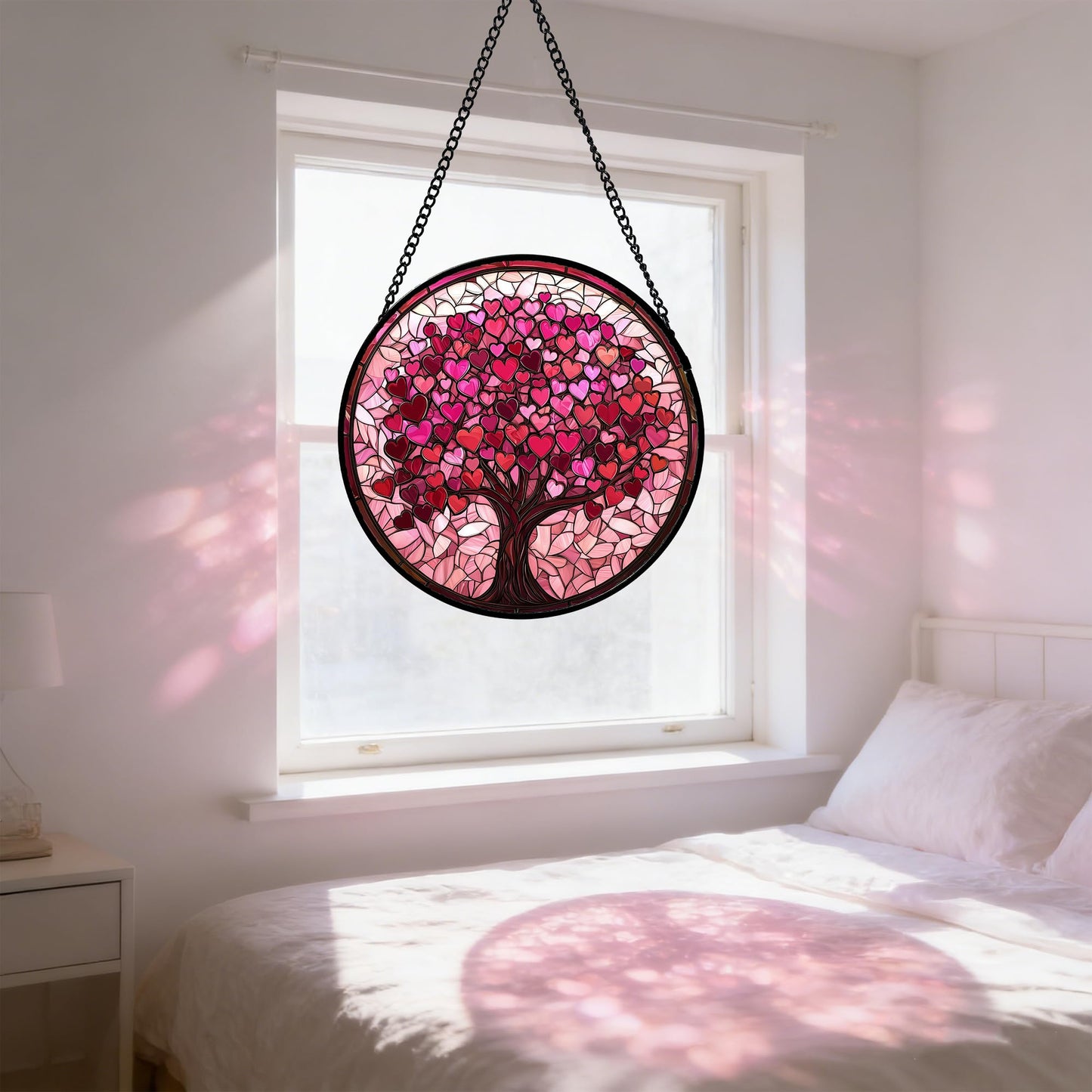 Stained Glass Window Hanging, Birthday Gifts for Women Mom Grandma Nana Wife Couple, Pink Love Tree Suncatcher for Doors Window Home Sun Catchers Gifts Decor 7.8 in