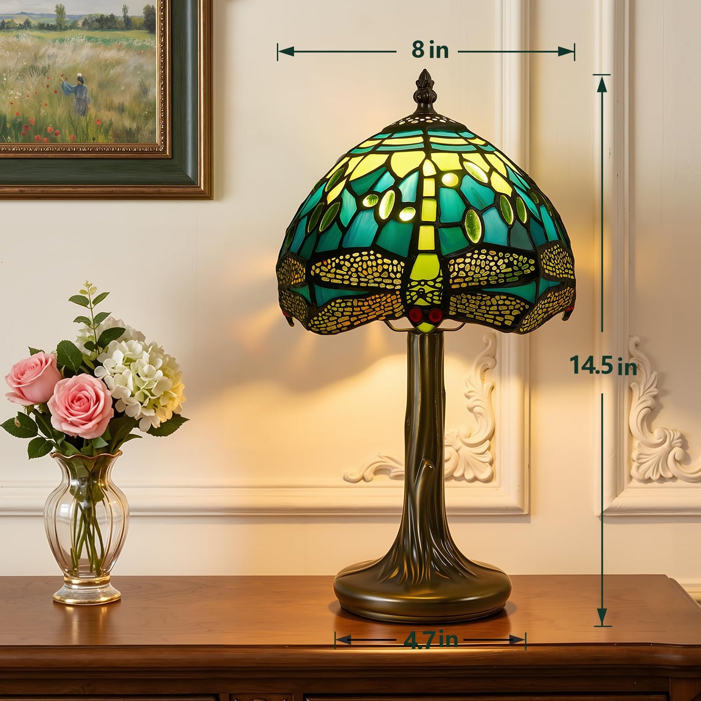 Rynxphera Tiffany Table Lamp, 8 in Small Stained Glass Dragonfly Table Lamp