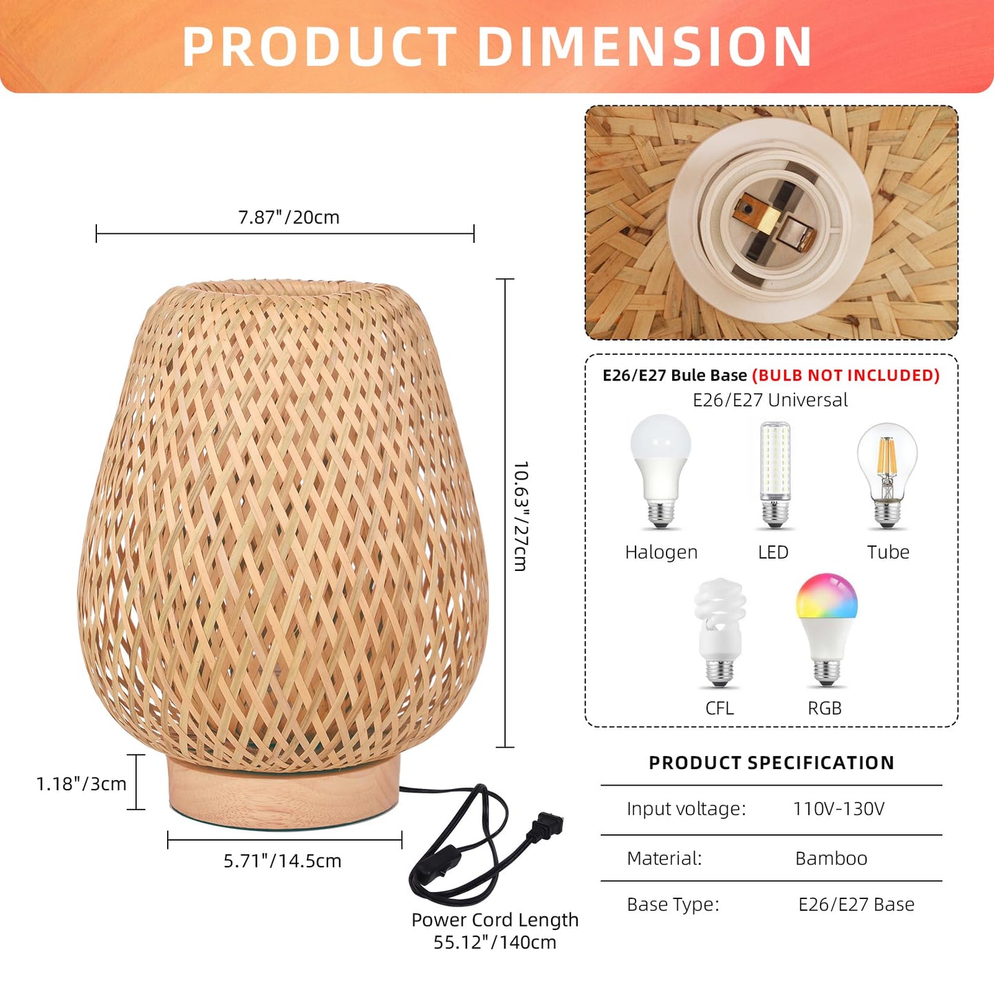 Bamboo Weaving Table Lamp with Handmade Natural Wooden Base, Eye-Caring Bedroom Bedside Night Light, Retro Desk Lamp Reading Light Home Decor, Unique Handicraft House Warmging Gift