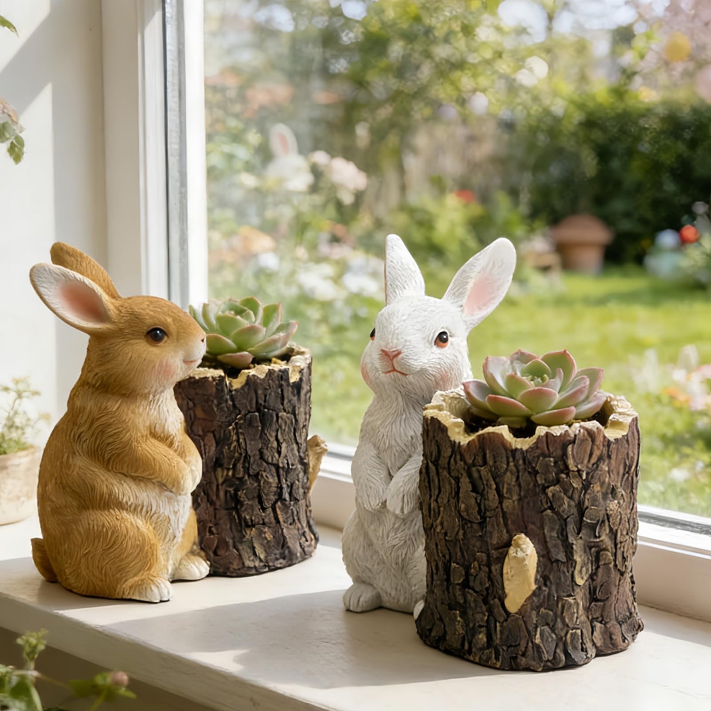 Big Stone Art Resin Rabbit Planter with Tree Stump Statue, Bunny Garden Decor, Animal Figurine Pot (Brown)