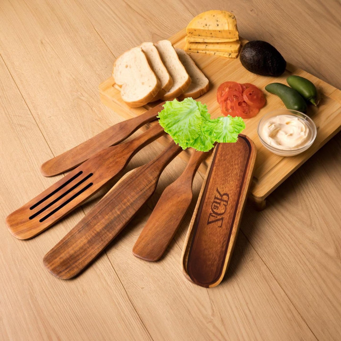 Wooden Spatula - 5Pcs Teak Wood Spurtle Utensils Set – Non Toxic Spatula - Spurdle with Rest - Heat-Resistant – Spurtle for Sourdough Starter - Mixing, Cooking, Serving Spoon- NonStick - A Gift