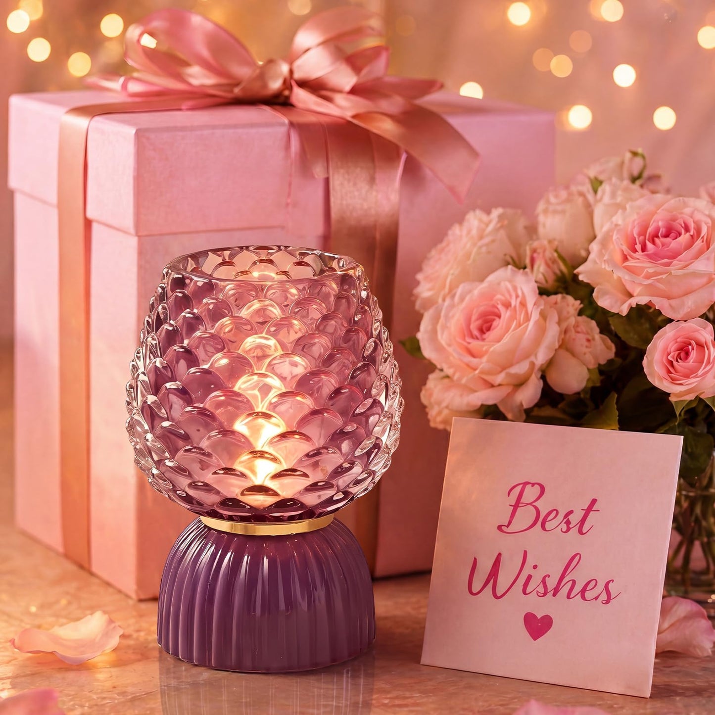 SisiHokai Battery Operated Lamp with Timer, Cute Small Cordless Glass Table Lamp for Home Decor, Kitchen, Bathroom, Birthday Gift for Women, Pinecone, Purple