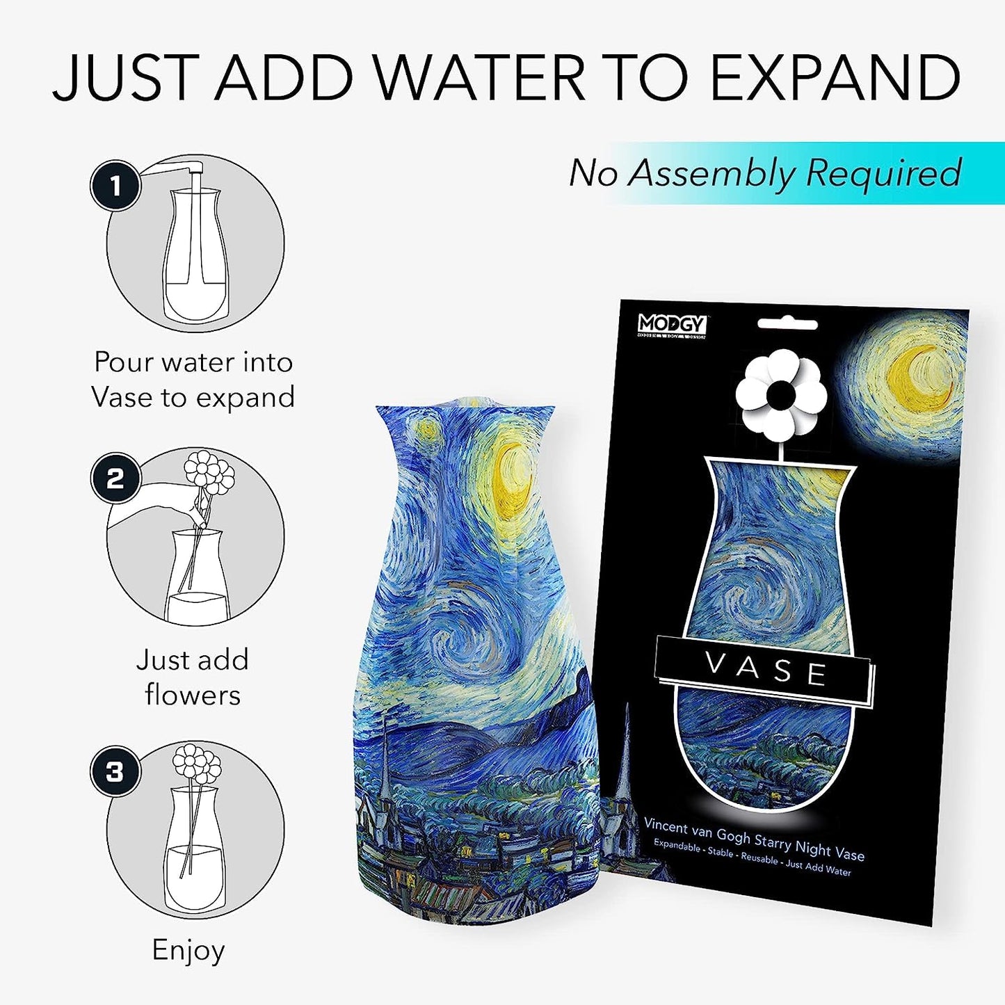 MODGY Expandable Flower Vase, Plastic Decorative Modern Foldable Printed Vases for Centerpieces for Wedding, Dining Table, Home Decor, Living Room, Bathroom, Starry Night, Vincent Van Gogh, 4 Pack
