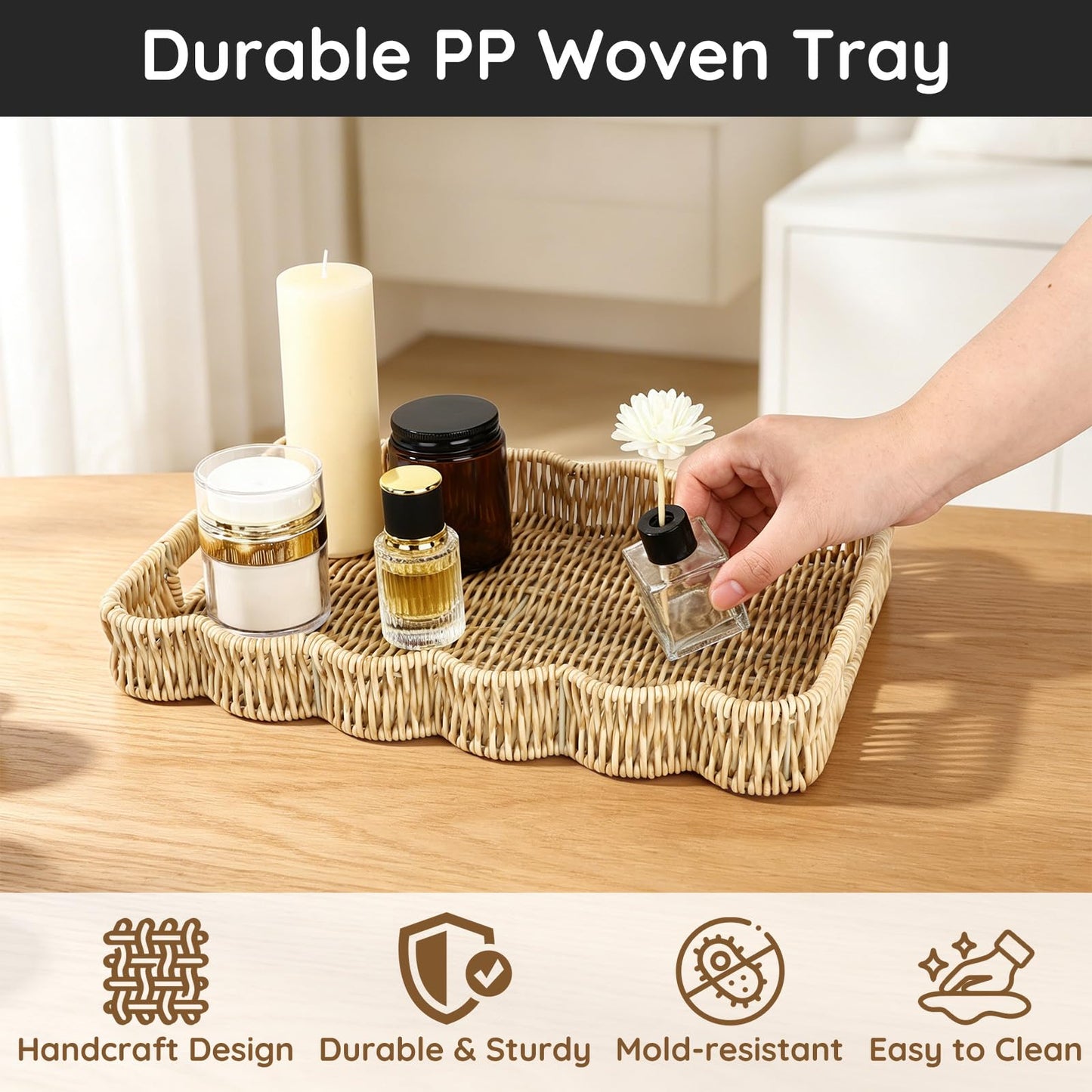 Segbeauty Plastic Serving Tray with Handles for Bathroom, 14x9.8x1.8in PP Rattan Rectangle Tray for Coffee Table, Faux Rattan Bedroom Vanity Basket Organizer, Decorative Towel Storage Wicker Basket