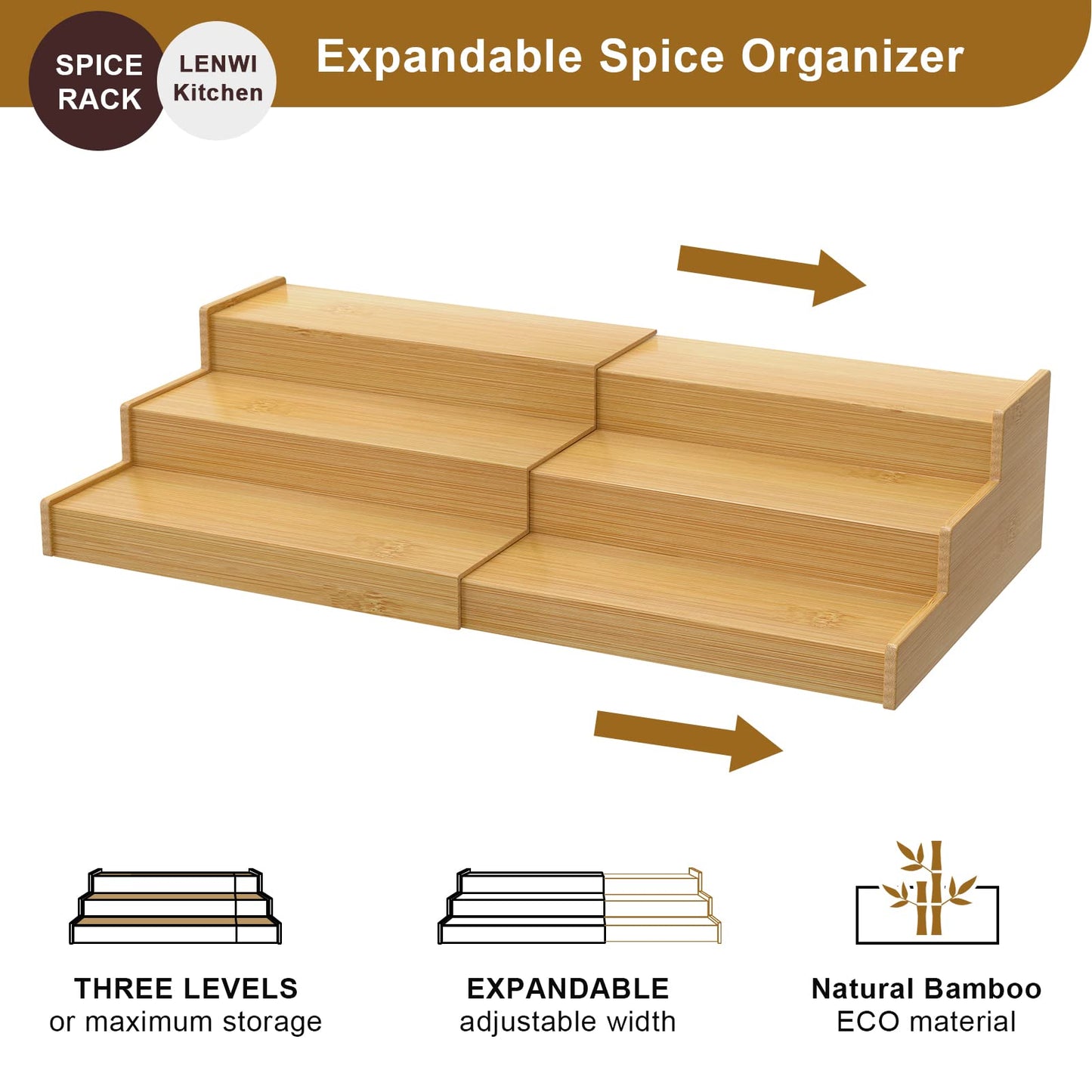 Lenwi Spice Rack Organizer for Cabinet, 3 Tier Expandable Bamboo Spice Storage for Kitchen Cupboard Pantry