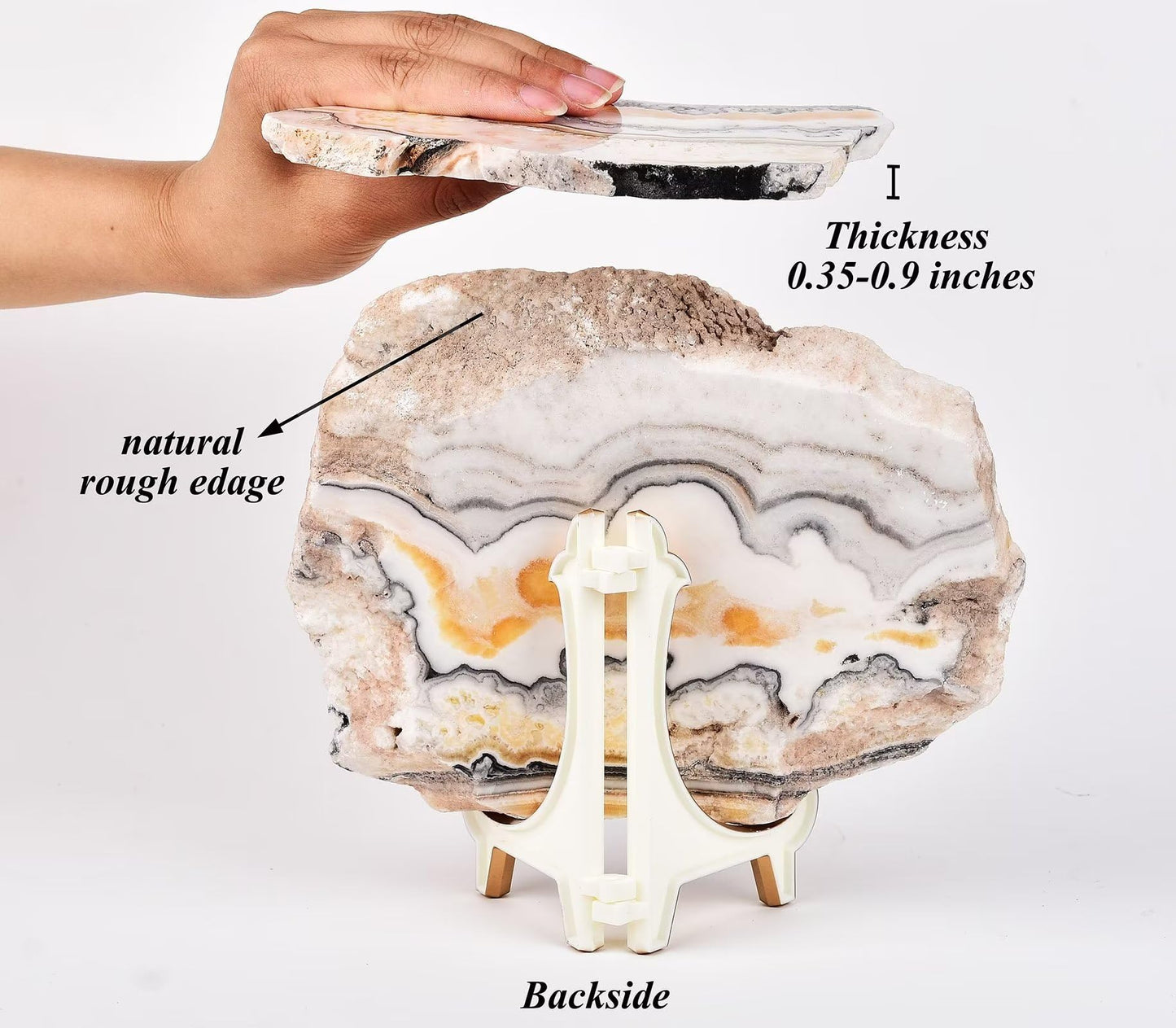 AMOYSTONE Large Healing Crystal Plate Decorative Calcite Stone Slices Quartz Pieces with Stand Office Home Decor Reiki Healing Gifts 0.4-0.6 Pound