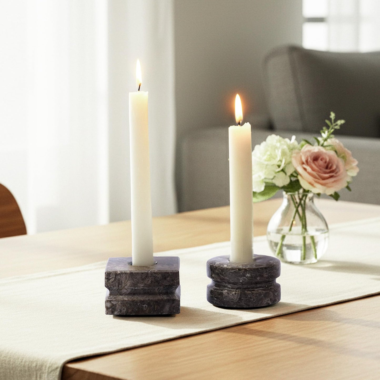 EarthenTones Marble Oceanic Candle Holder Set of 3, Handmade Natural Stone Candlestick Holders, Elegant Marble Home Décor, Modern Table Centerpiece for Living Room, Dining & Gift Decor